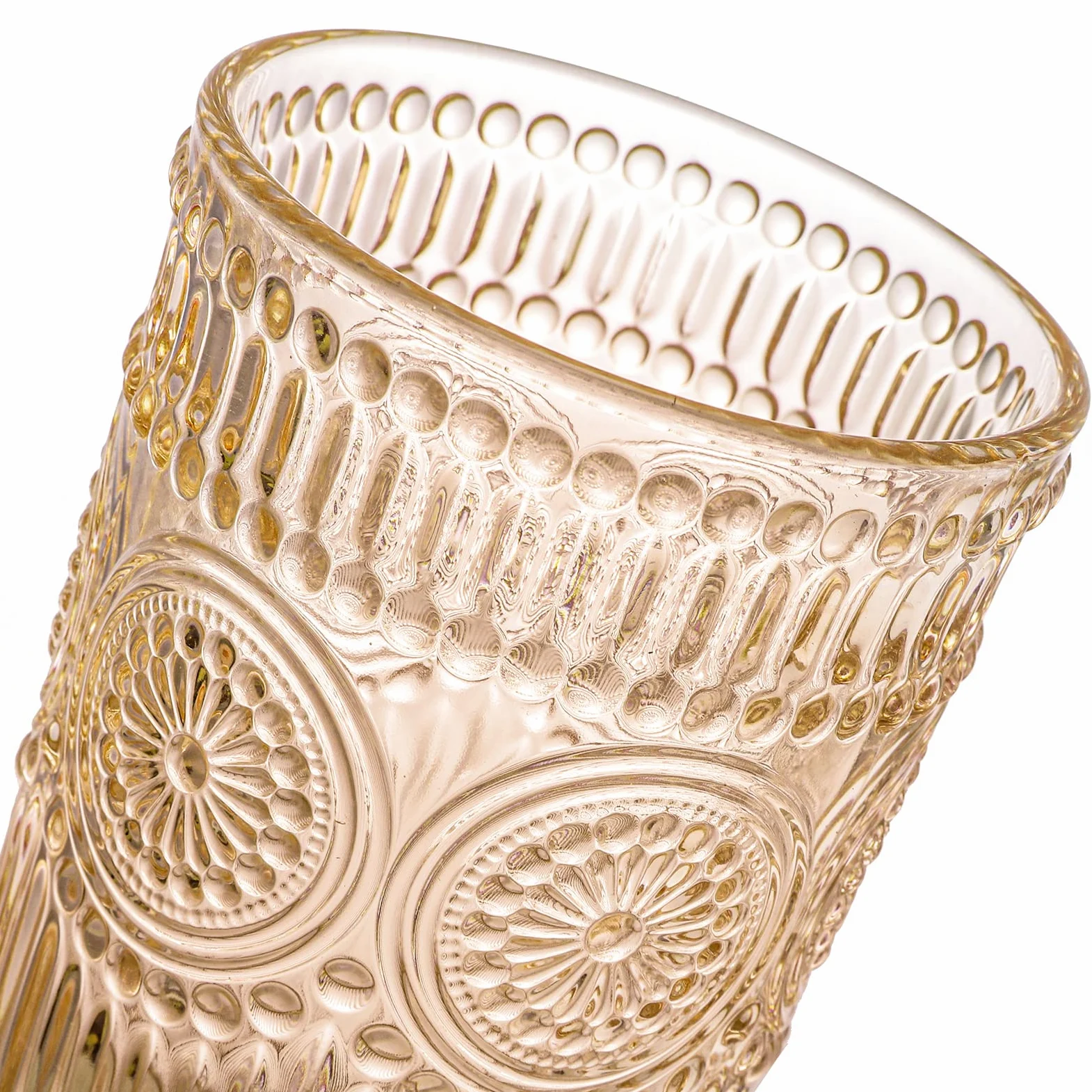 Kingrol Paquete de 6 vasos de colores de 12 onzas, juego de cristalería premium para agua, jugo, bebidas, cóctel, diseño romántico en relieve, para bodas, uso diario