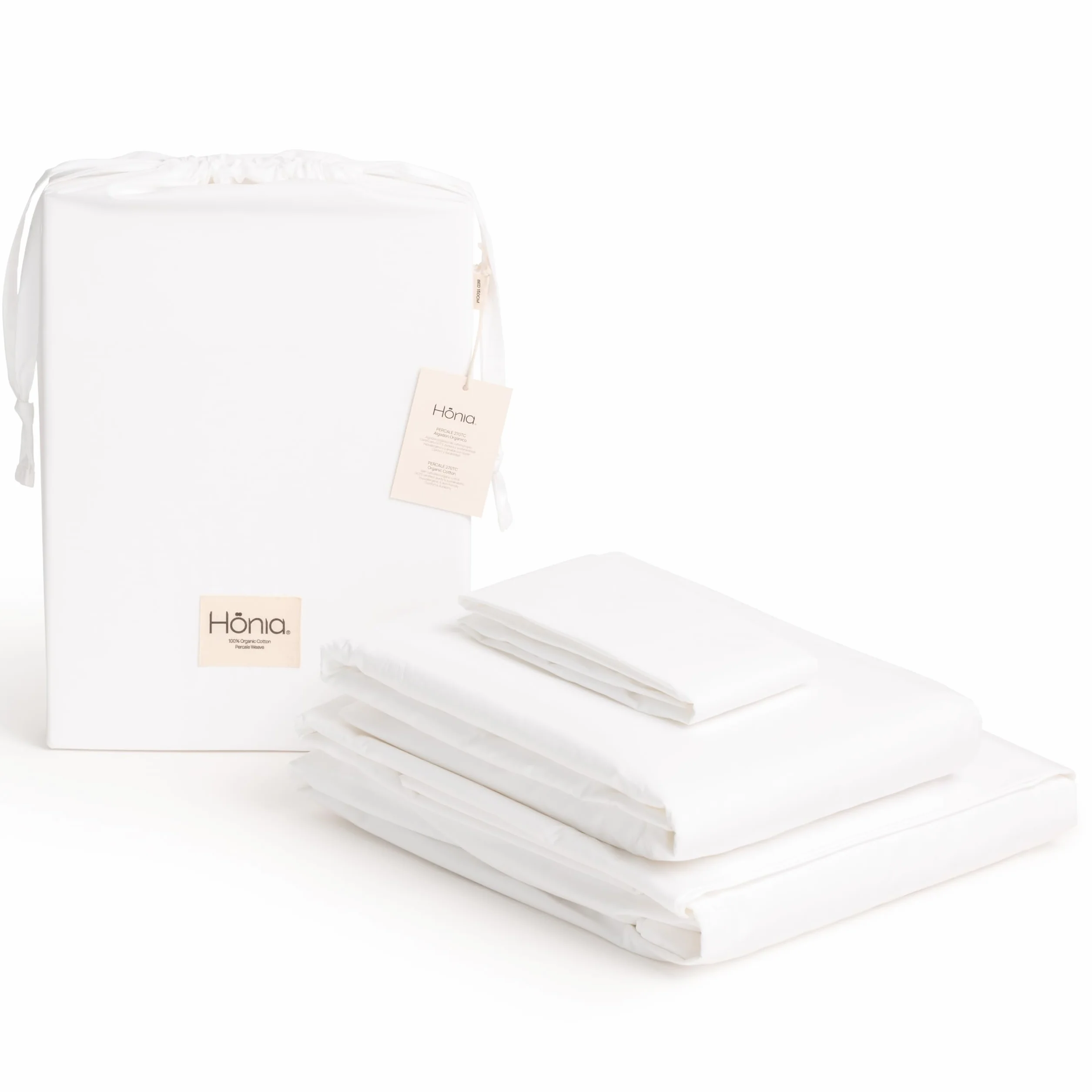 Hönia Juego Sábanas 90x190/200 cm, Algodón Orgánico Percale 270TC, Blanco | Tacto Fresco, Natural y Transpirable | Certificación GOTS | 3 Piezas: Encimera, Bajera Ajustable y Funda de Almohada