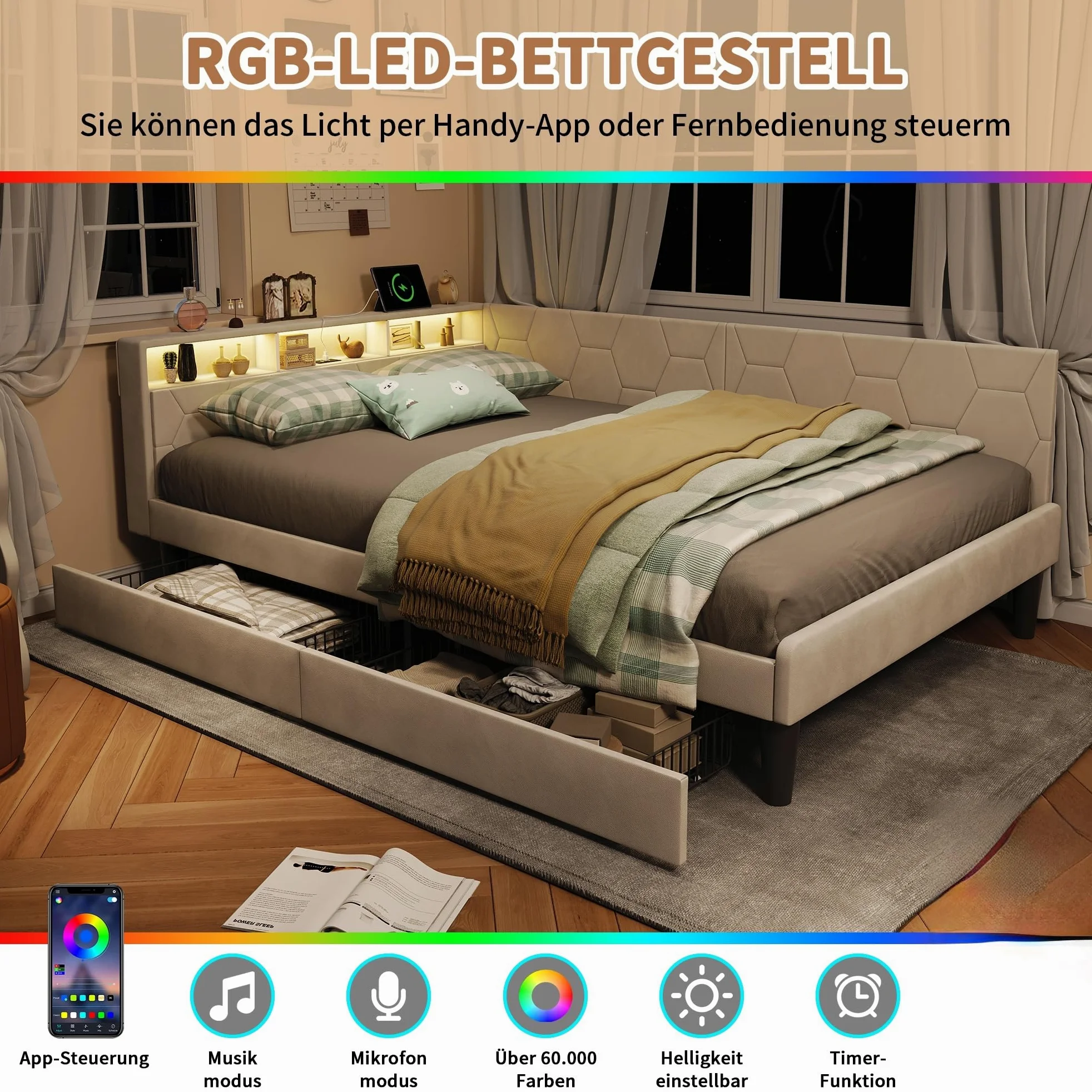 Cama doble 140 x 200 con 2 cajones y espacio de almacenamiento, cama acolchada en L con lámpara LED y USB, paredes laterales intercambiables, sofá cama moderno, sin colchón (Beige C, 140 x 200)