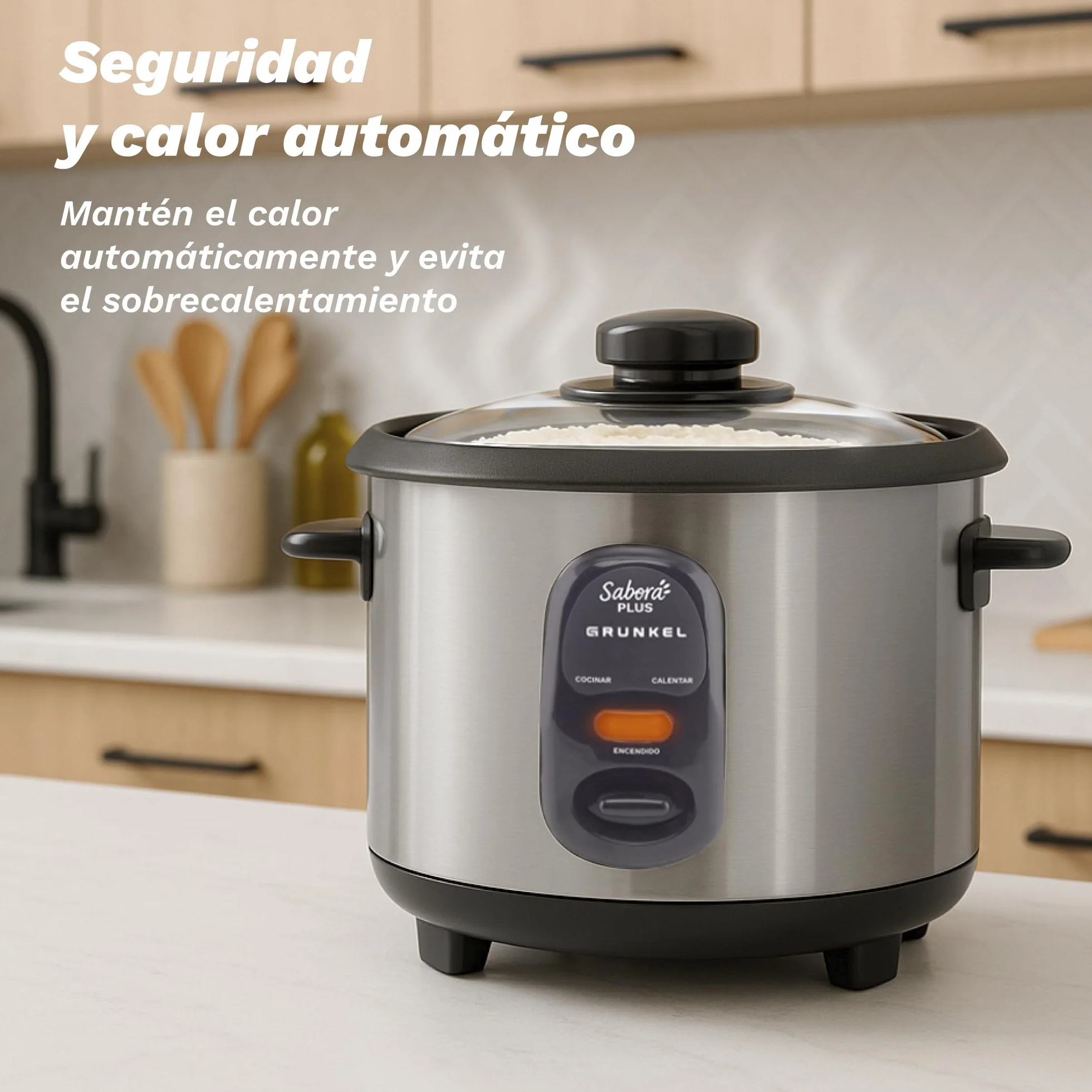 GRUNKEL - Arrocera Eléctrica RC-18L 700W | Capacidad 1,8 Litros | Función Mantener Calor | Cubeta Antiadherente | Exterior Acero Inoxidable | Indicadores Luminosos