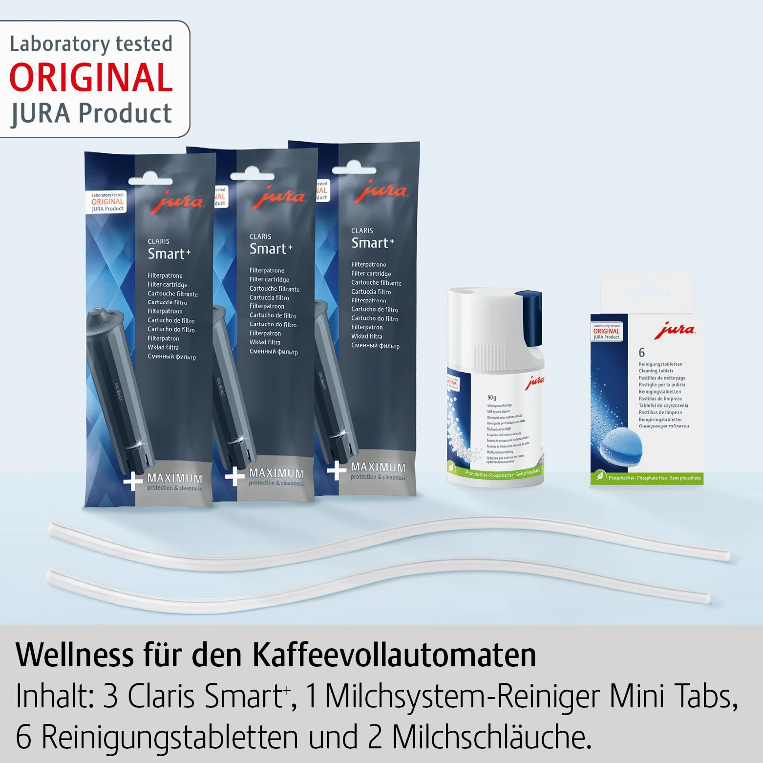 JURA Kit de cuidado original con certificado TÜV, 3 cartuchos de filtro CLARIS Smart+, 6 pastillas de limpieza, 2 tubos de leche, 1 limpiador de sistema de leche mini pastillas (90 g) – 25065 | 3 x Claris Smart+ + 6 pastillas de limpieza + 2 tubos de lech