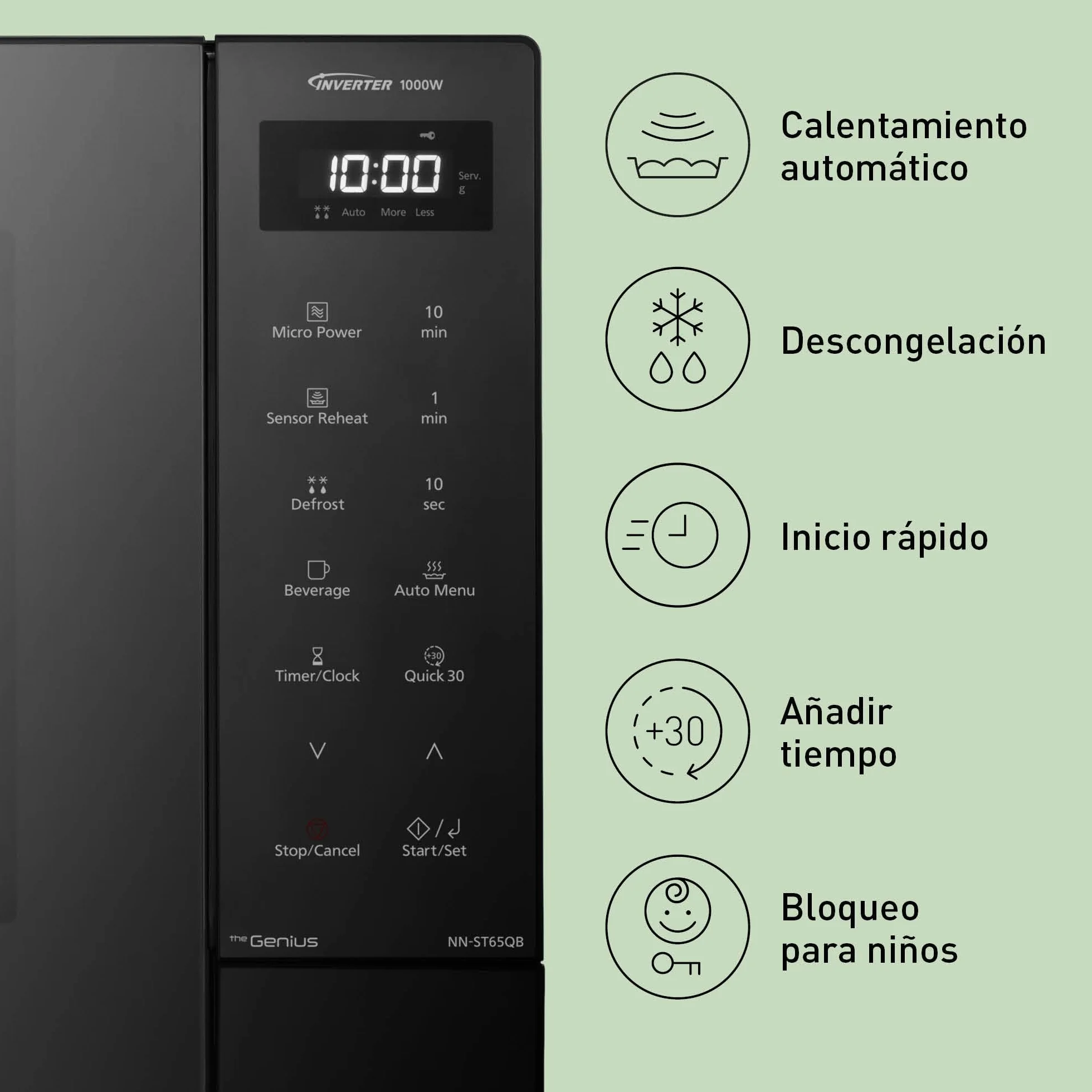 Panasonic NN-ST65QBEPG Microondas Solo Inverter 32L, 1000 Vatios Potencia, Tecnología Genius Sensor, 20 Programas Auto, Función Quick 30, Control Táctil, Plato Giratorio Grande, Negro