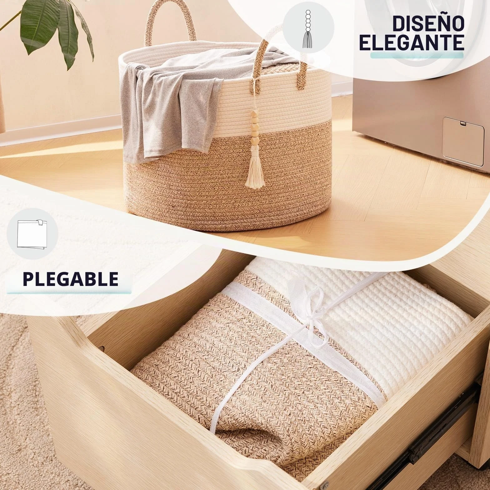 YOUDENOVA Cesta de lavandería con cuentas colgantes de madera, cesta de almacenamiento de juguetes para niños, cesta de manta de cuerda de algodón grande, cesta de almacenamiento tejida para