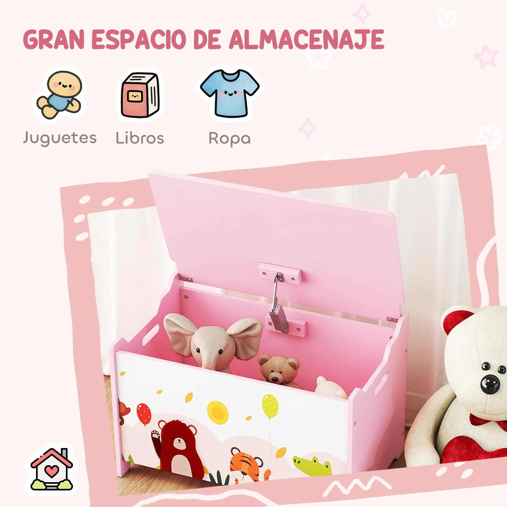 AIYAPLAY Caja de Almacenaje de Juguetes, Baúl Juguetes Infantil, Tapa Abatible con Cierre Suave, Asas, Estampados de Animales, para Libros, Ropa en Dormitorio, Sala de juegos, Guardería, Rosa
