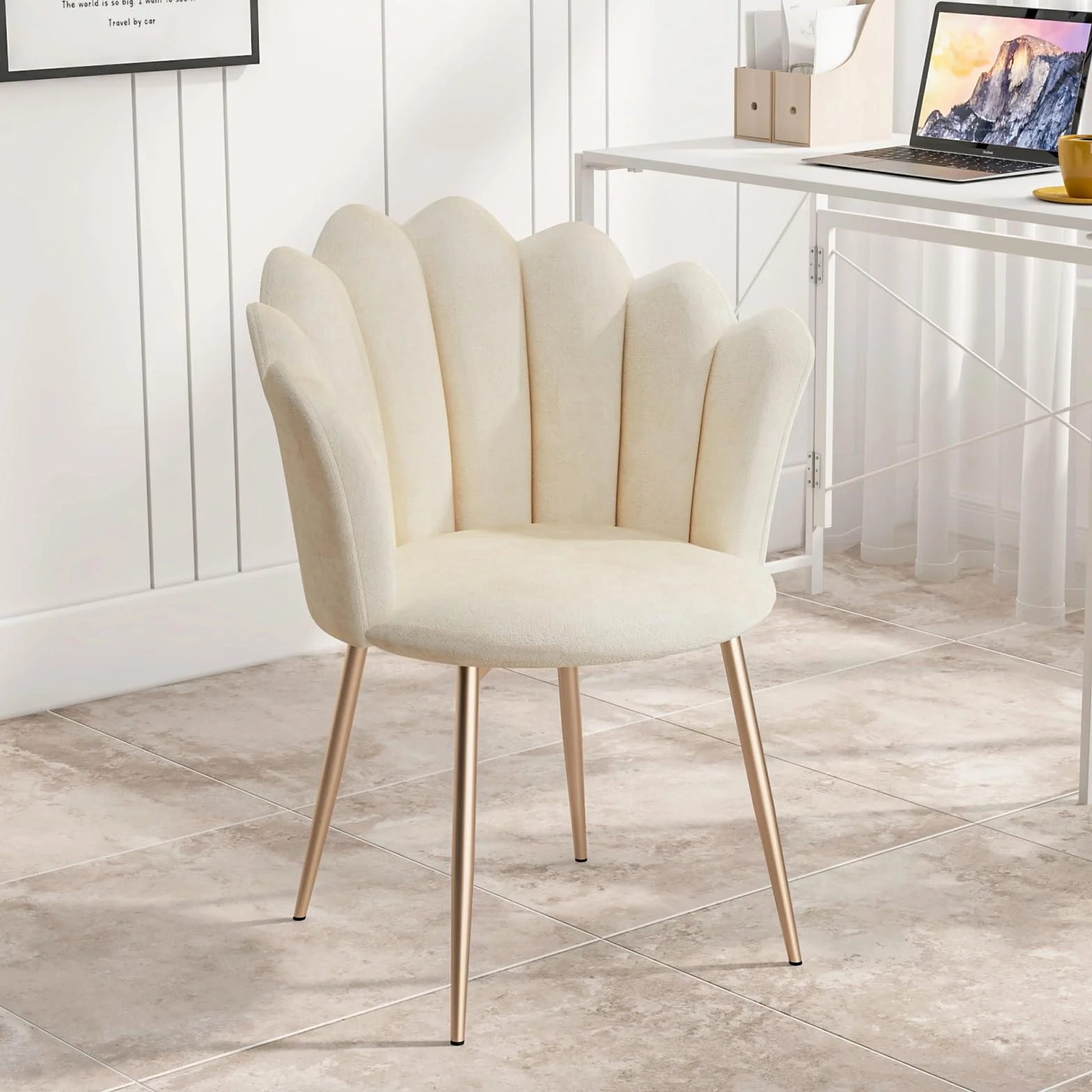 Silla de tocador, butaca de terciopelo con patas de metal dorado, elegante silla de concha, silla acolchada para salón, butaca de salón cómoda, con reposabrazos de diseño