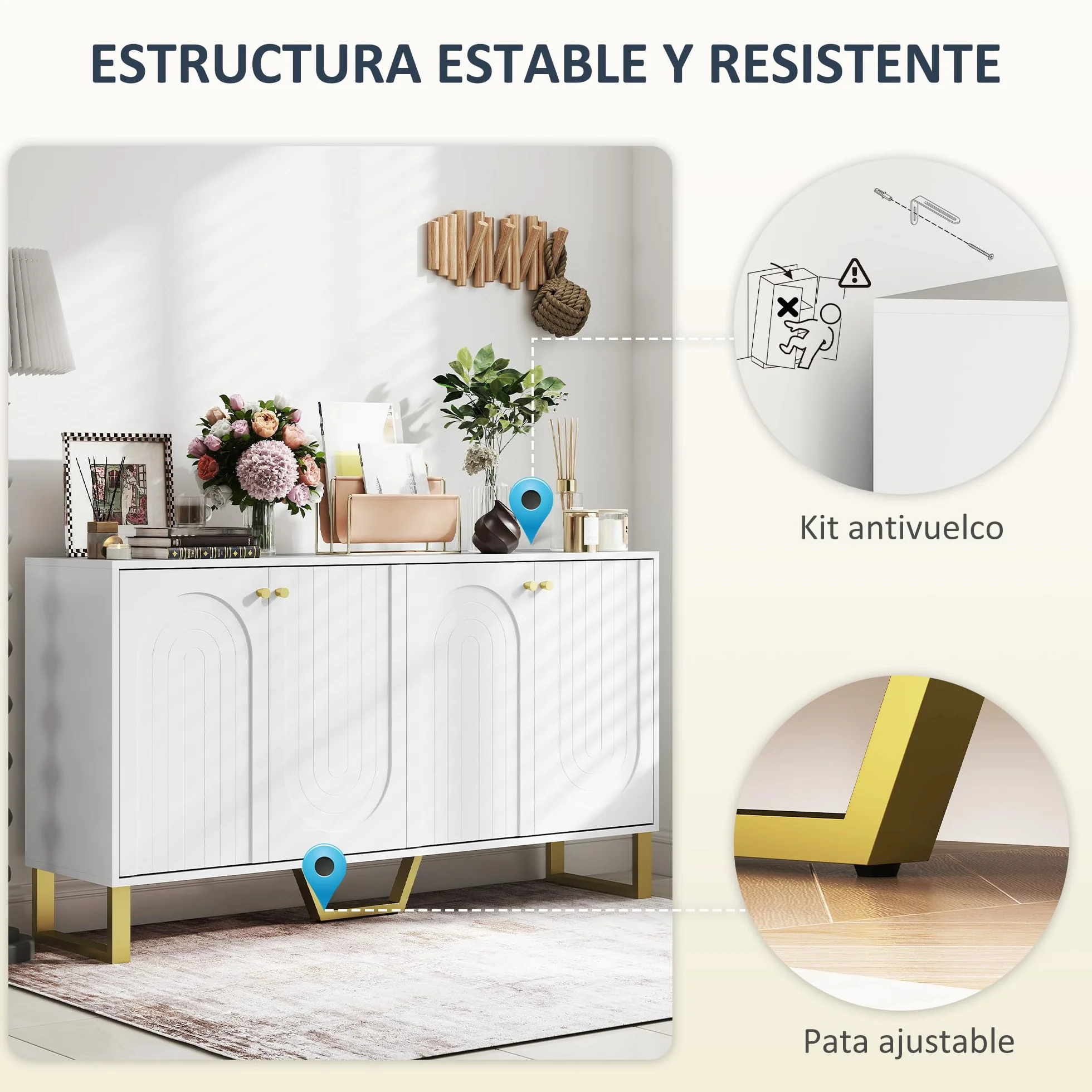 HOMCOM Aparador 4 Puertas Aparador para Salón Moderno con Estantes Ajustables y Patas Doradas para Comedor Entrada Mueble para TV hasta 65 Pulgadas Blanco 140,8x35x77,5 cm