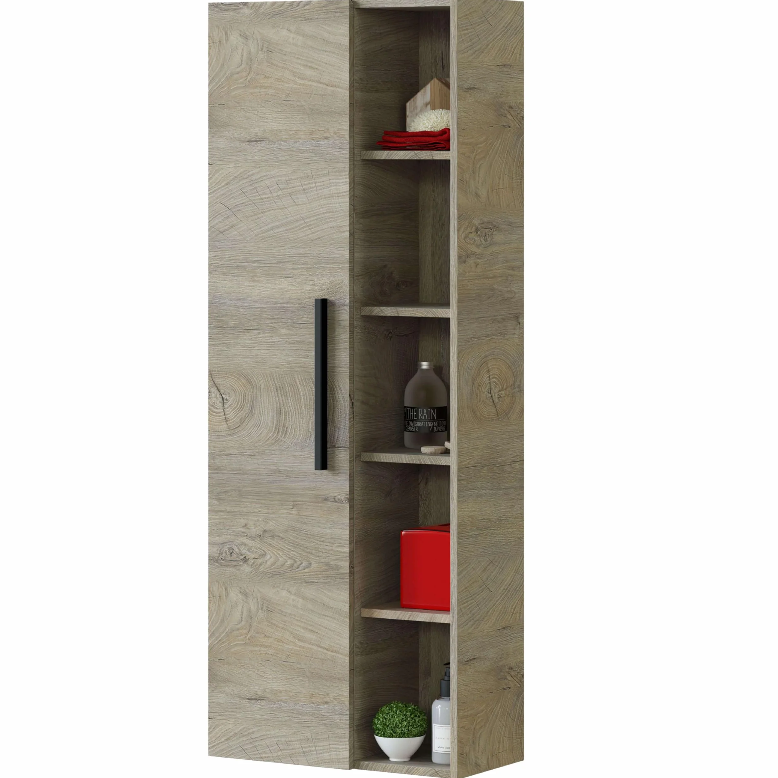 ARKITMOBEL - Columna de Baño Suspendida Grande con 1 Puerta y 7 Estantes, Armario Auxiliar para Baño, Color Roble Alaska, 135x51x25 cm - Modelo Athena