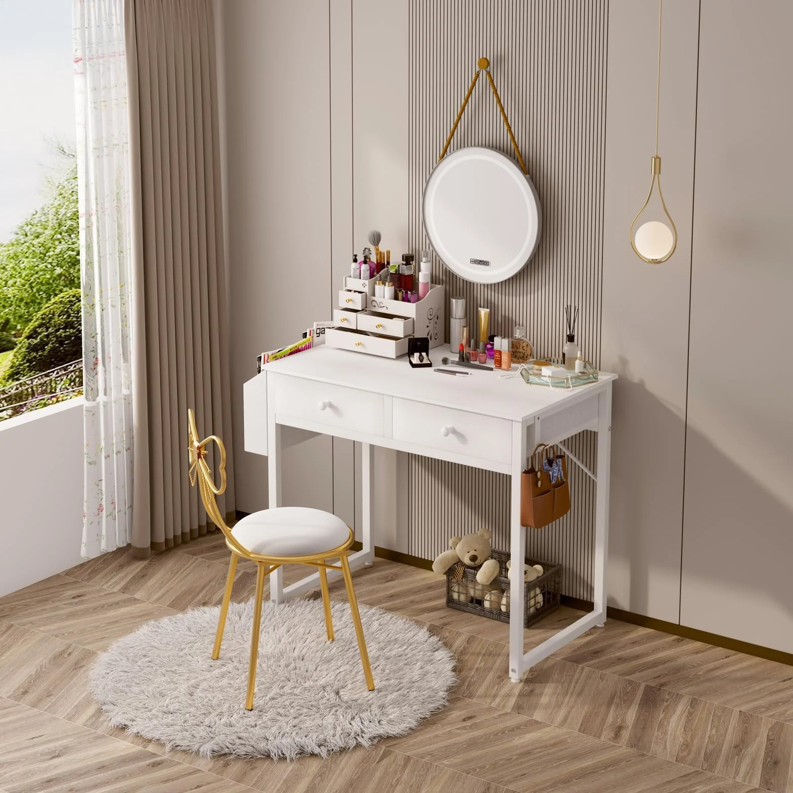 Lufeiya Mesa Escritorio Blanco con cajones, Escritorio Pequeño para Oficina Escritorio Ordenador casa de con cajón de Tela y Bolsa Mesa de Estudio para Espacios 80X40cm