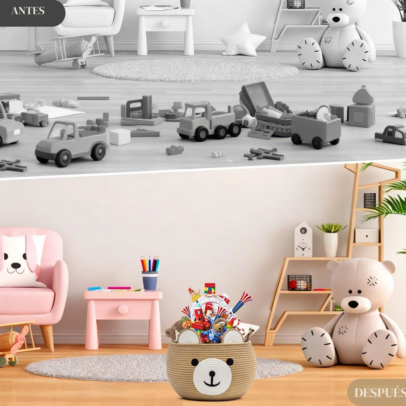 Cesta de almacenaje para niños con forma de oso cuerda de algodón organizador suave habitación infantil