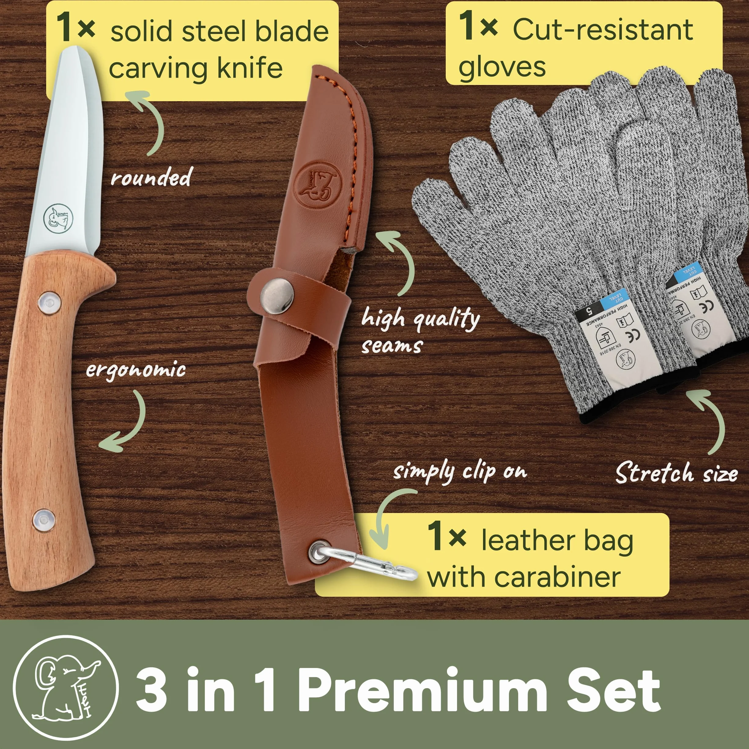 Eli Cuchillo de talla para niños con funda de cuero set con guantes resistentes a cortes