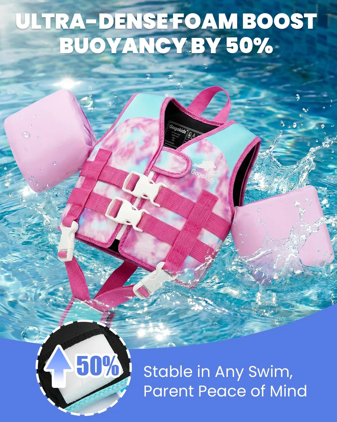 Gogokids Chaleco salvavidas para niños con mangas para niños pequeños, estilo chaqueta, flotabilidad, flotabilidad con correas ajustables, chaleco salvavidas para niños de 2 a 6 años / 14-30 kg