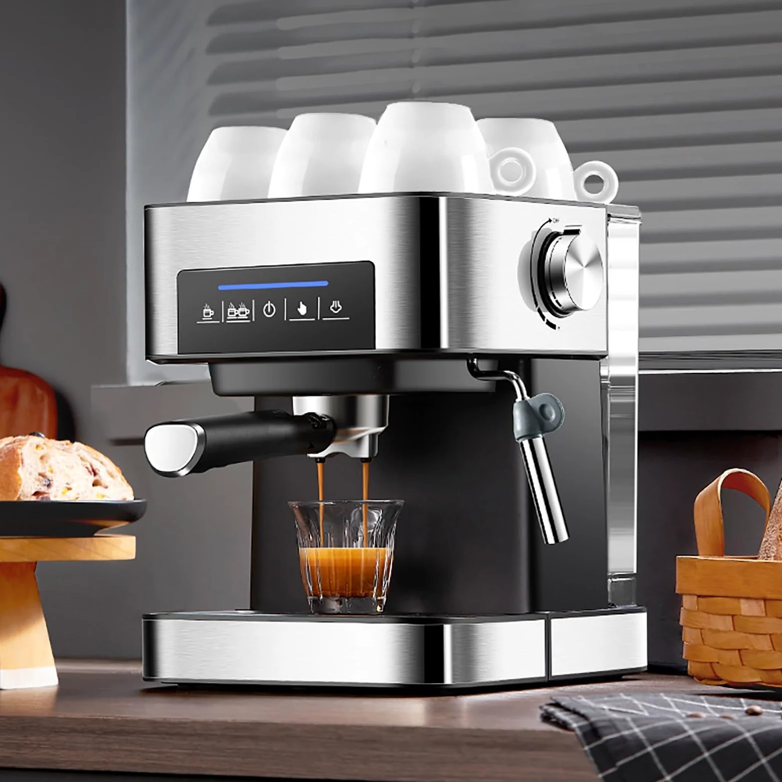 Máquina de café expreso, bar, cafetera con espumador de leche con leche, café molido y mango de café de cápsulas, máquina de espresso para el hogar