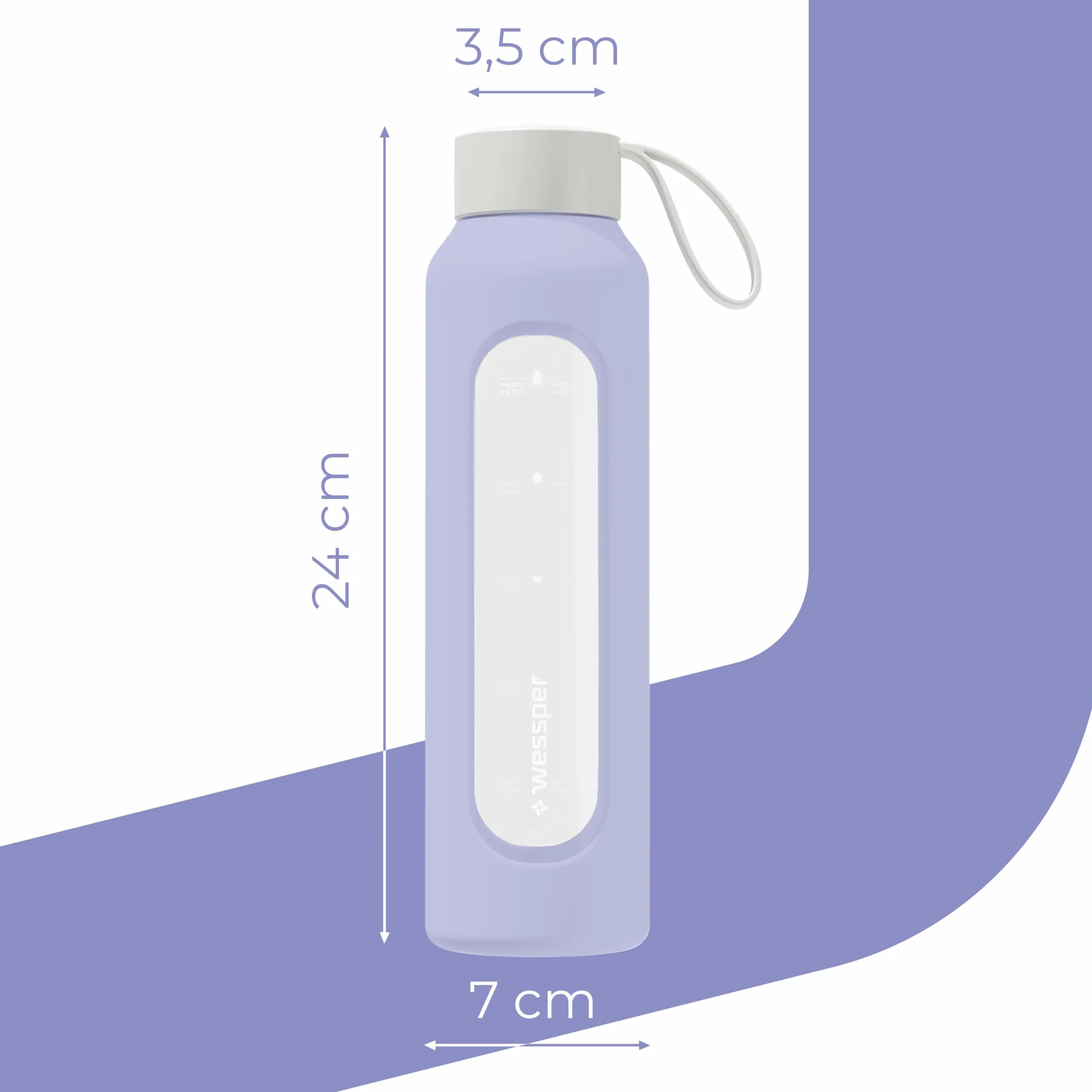 Wessper Botella de Agua Cristal 500 ml con Escala de Hidratación, Vidrio Borosilicato con Funda de Silicona, Sin BPA - Violeta
