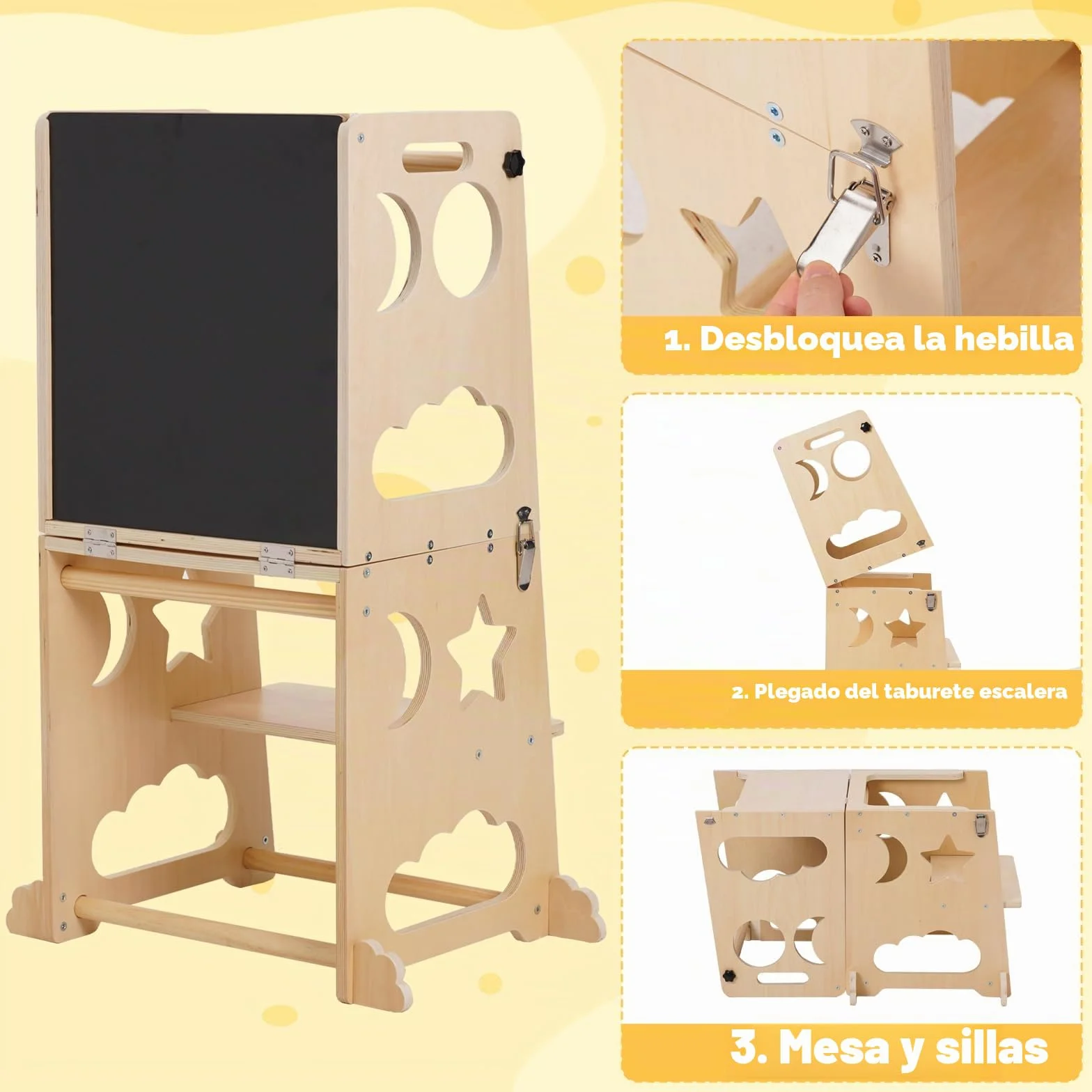Torre de Aprendizaje Montessori, Torre de Aprendizaje 3 en 1, Taburete Plegable con Pizarra, para Niños de Madera, Taburete de Cocina Auxiliar para Niños, Adecuado para Mesa de Cocina y Baño