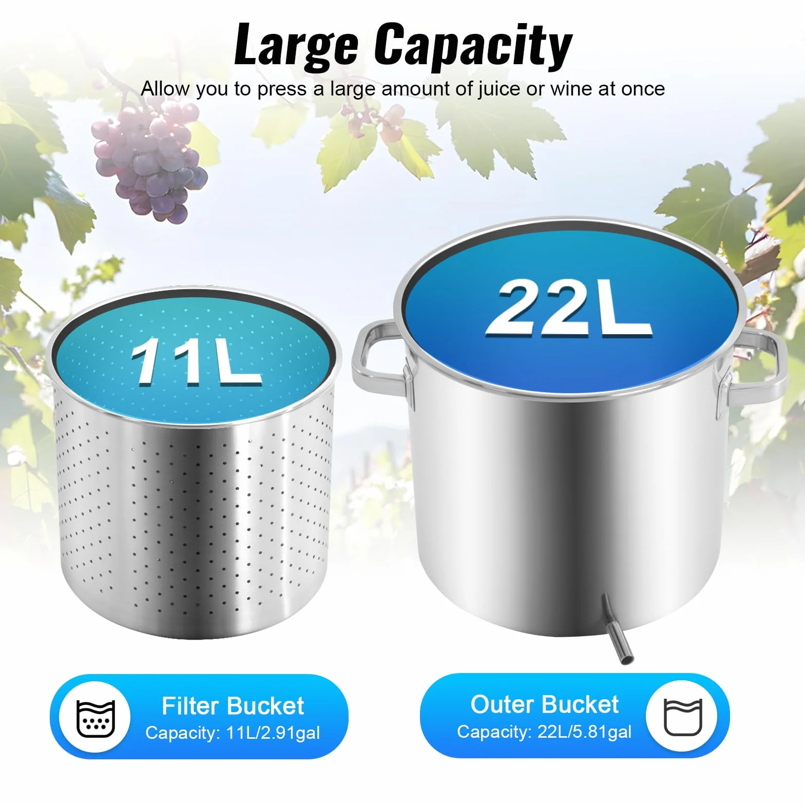 Prensa de frutas de 22 L, acero inoxidable 304 de calidad alimentaria, prensa de 150 kg de potencia de prensado, exprimidor manual de doble barriles de acero inoxidable con filtro de vino, apto para