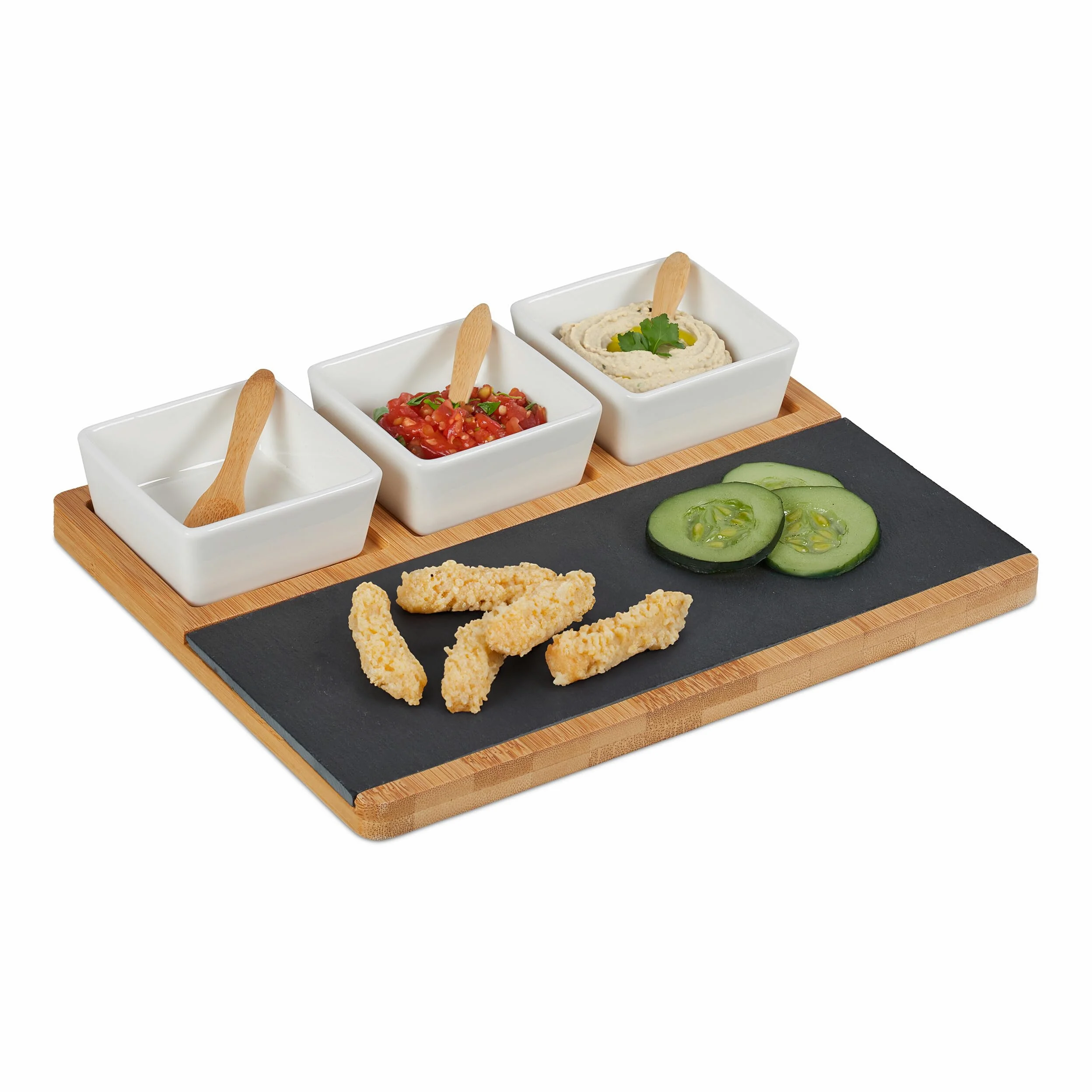 Relaxdays Set Bandejas para Servir, con Tabla de Bambú, Plato de Pizarra y Cucharas, para Sushi, Tapas, Multicolor