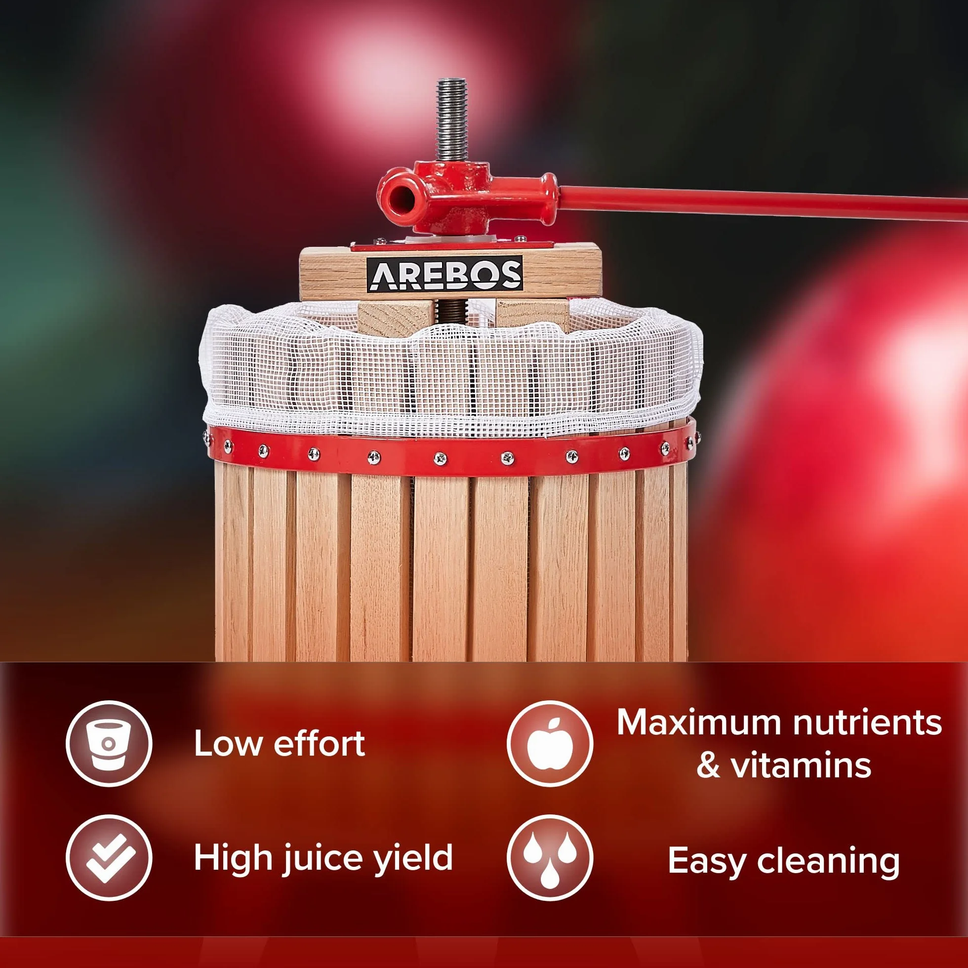 Arebos Prensa de Frutas 12L | Prensa Manual de zumos I Prensa de Bayas Incl. paño de prensado, Placa de presión y husillo metálico I para Todo Tipo de zumos y Verduras