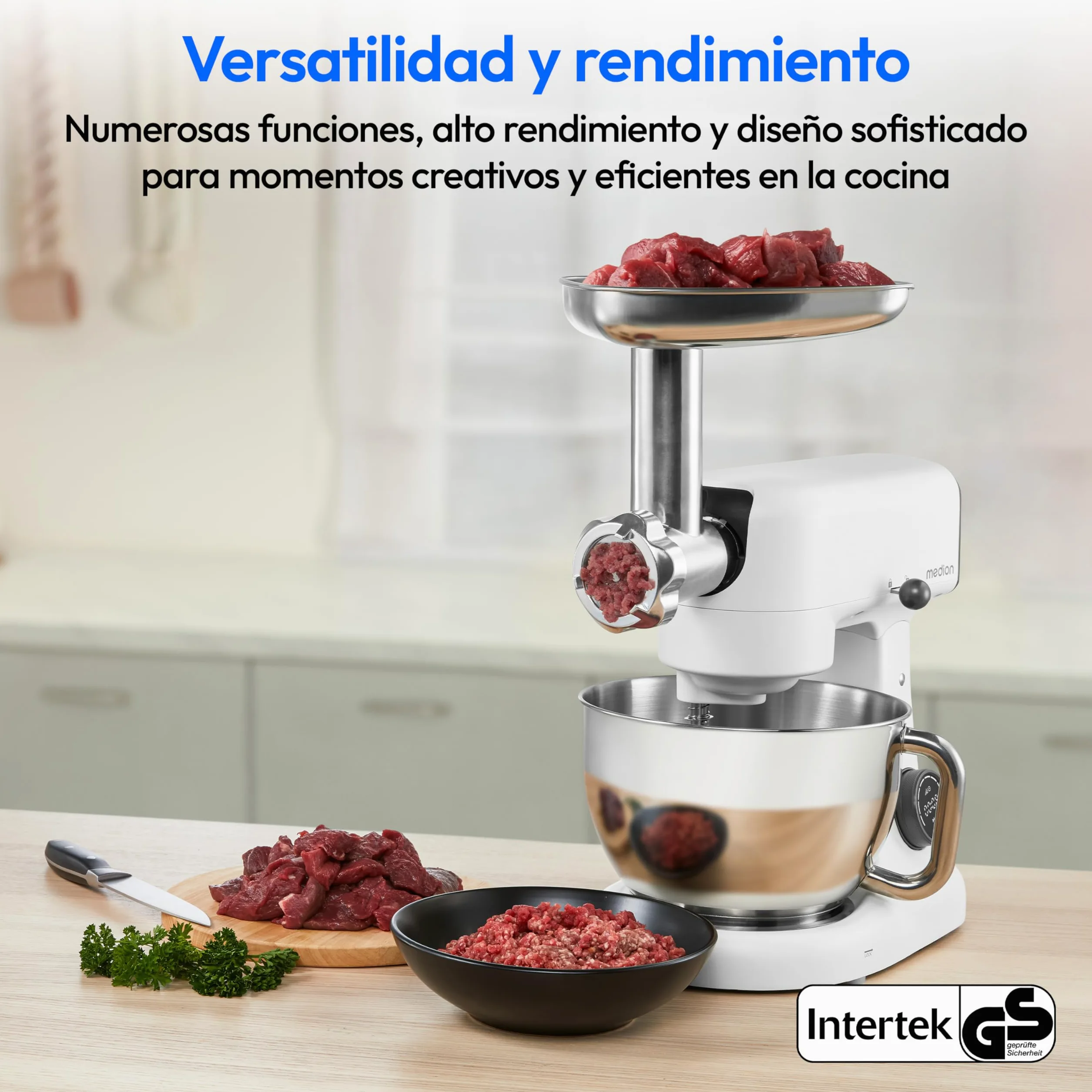 MEDION Robot de cocina con picadora (800 vatios, motor de CC, recipiente de acero inoxidable de 4,6 litros, ahorro de energía, ultrasilencioso, pantalla táctil con sensor digital, MD12600) Blanco