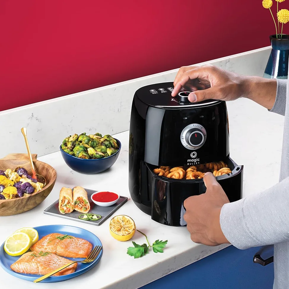 Magic Bullet Freidora de Aire 2.5l de capacidad, temperatura 80°-200°, freidora sin exceso de aceite 1300W, freidora de aire caliente compacta, Negra, MBA021B