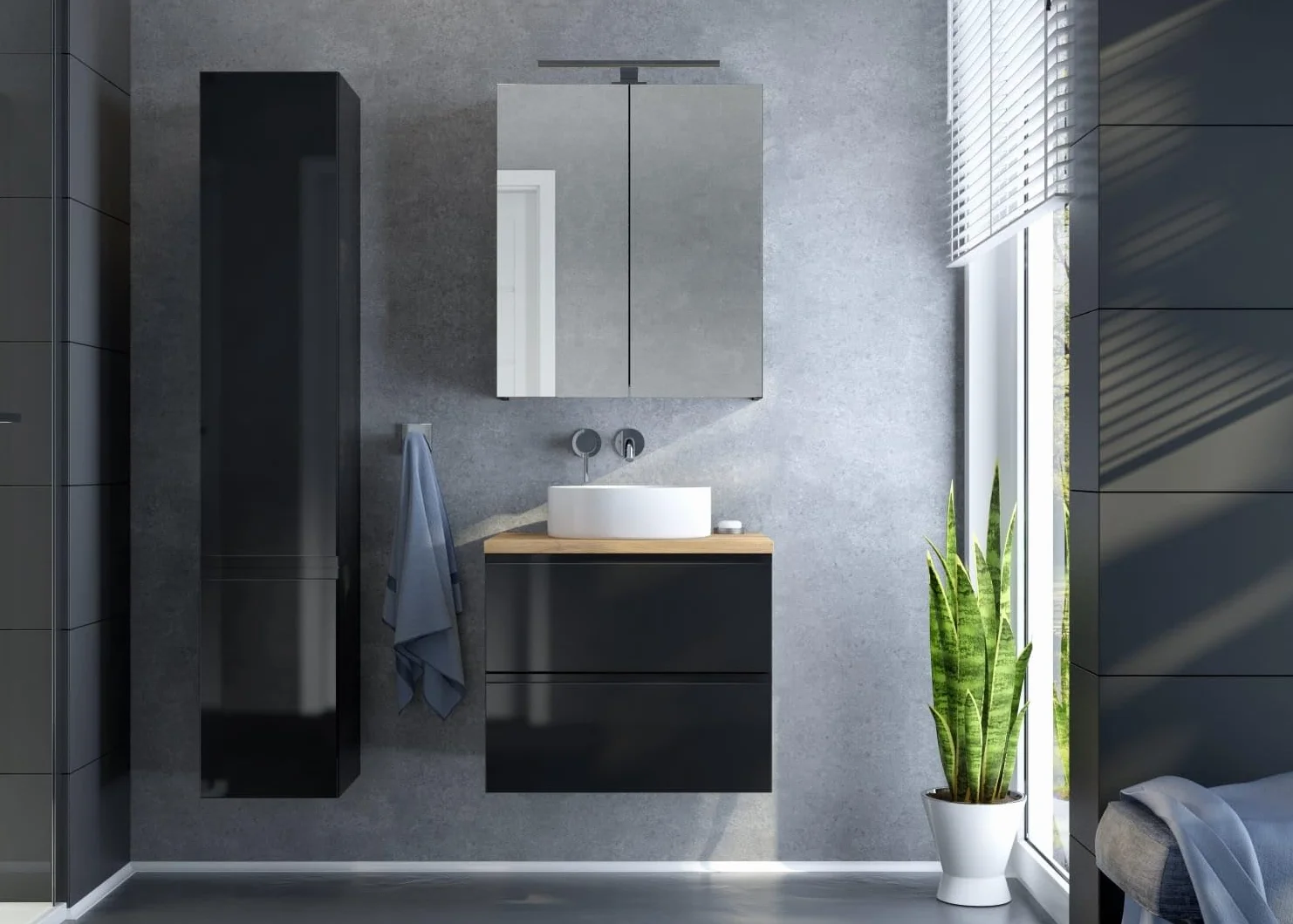 .Deftrans Armario Inferior para Lavabo Colgante con cajones, Color Negro, 80 x 50 x 46 cm, Armario de Pared sin Placa de Lavabo