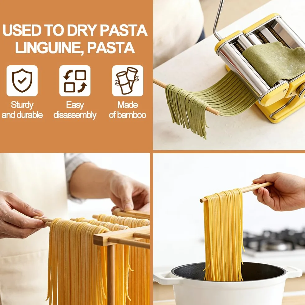 FARYODI Soporte para pasta de madera, secador de pasta con 12 varillas, soporte para pasta de secado, estante reutilizable para pasta, secador de pasta plegable de madera con barra de transferencia