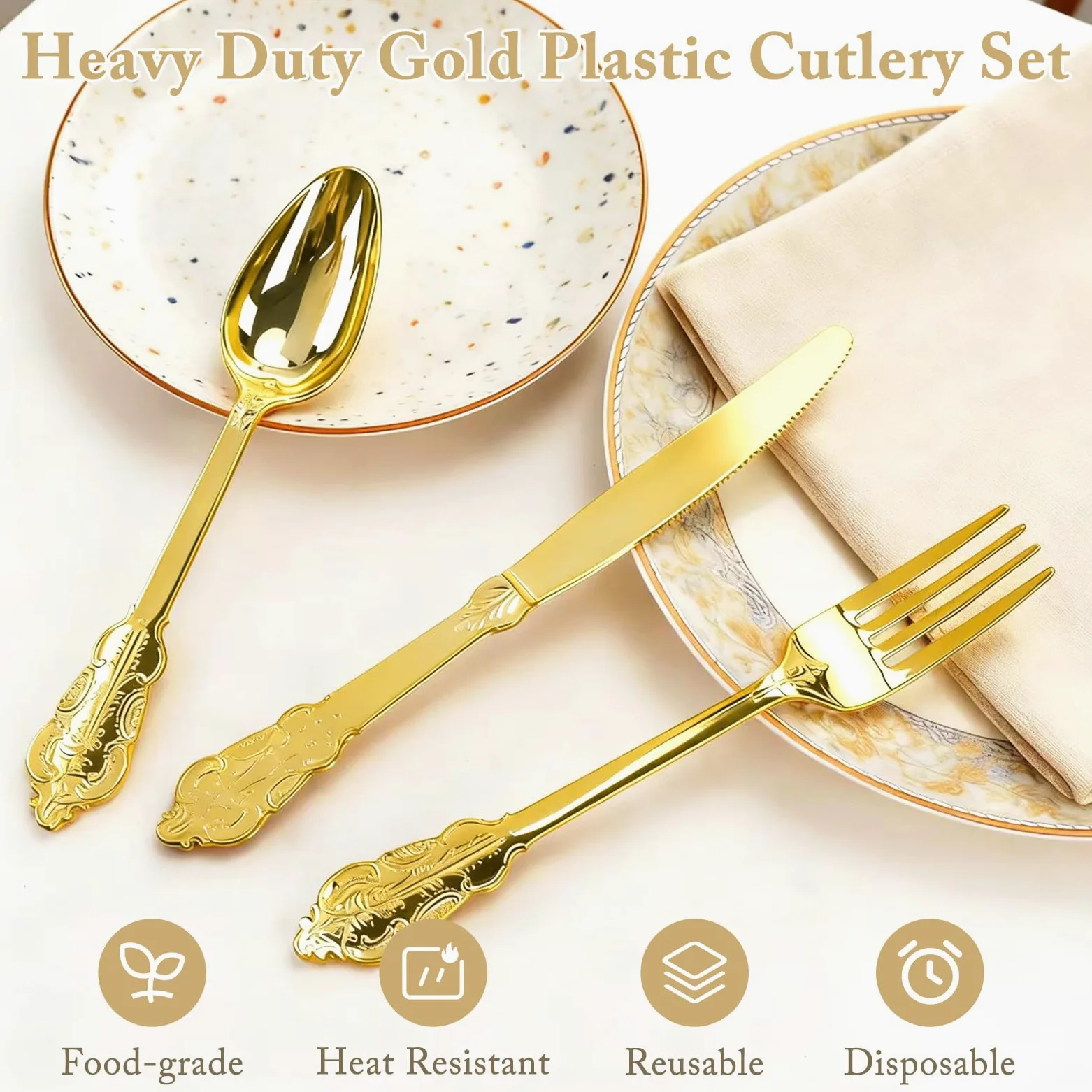 Juego de cubiertos de plástico dorado vintage de 180 piezas, 60 cuchillos, tenedores y cucharas | Lavable, reutilizable, resistente. Cubiertos pulidos. Duradero y elegante para bodas, fiestas de cumpleaños, eventos