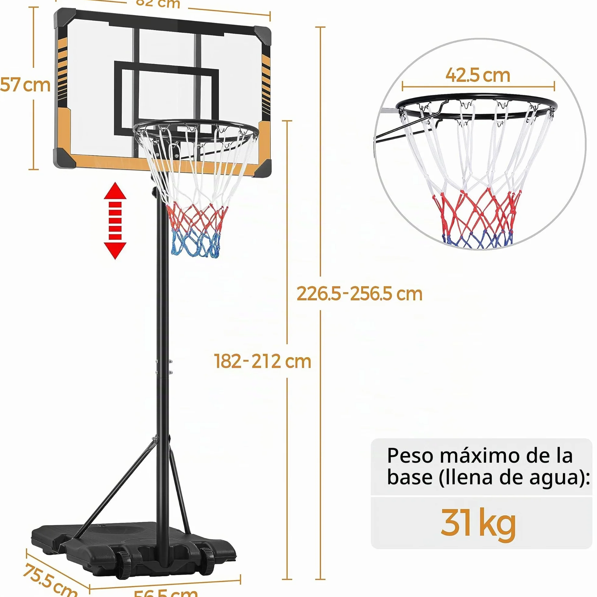 Yaheetech Canasta Baloncesto Exterior Tableros Altura Ajustable 182-212 cm Infantil 4-10 Años