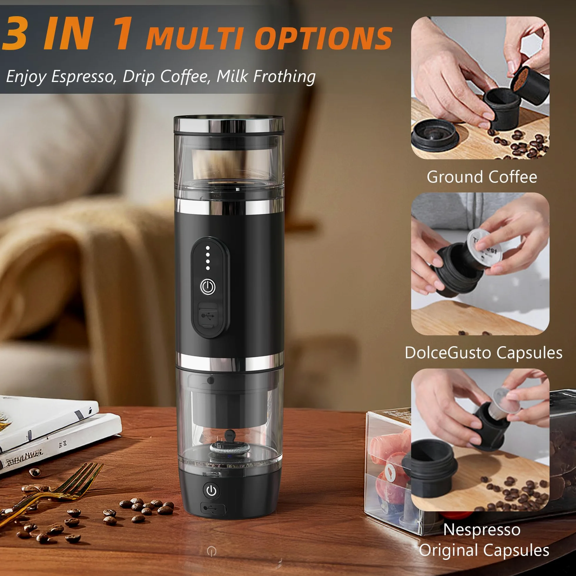 Hobsir - Cafetera eléctrica portátil para café espresso, cafetera de viaje para camping, cafetera de coche con USB-C, cápsula 3 en 1, pequeña máquina de café espresso portátil para RV, senderismo,