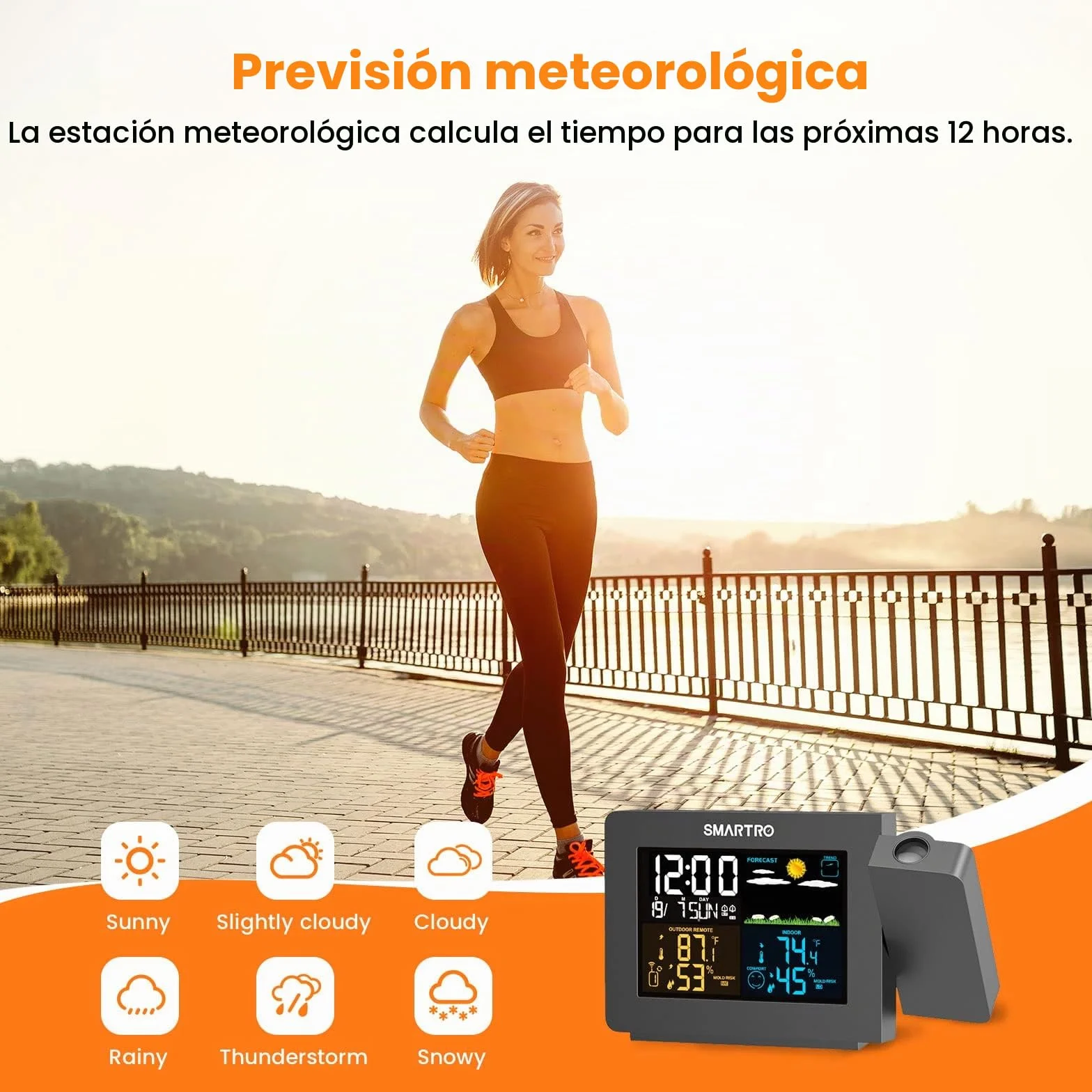 SMARTRO SC91 Despertador de proyección para dormitorios con estaciones meteorológicas, termómetros inalámbricos interiores y exteriores, monitores de temperatura y humedad y higrómetros
