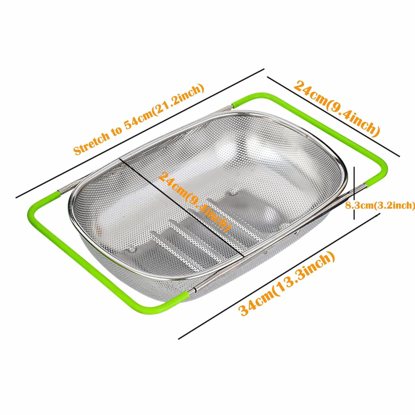 Colador Extensible Sobre el Fregadero(38-54cm), Cesta de Drenaje de Malla Fina de Acero Inoxidable para Cocina, Drenaje de Pasta, Lavado de Verduras, Arroz, Frutas y Almacenamiento de Platos-Verde