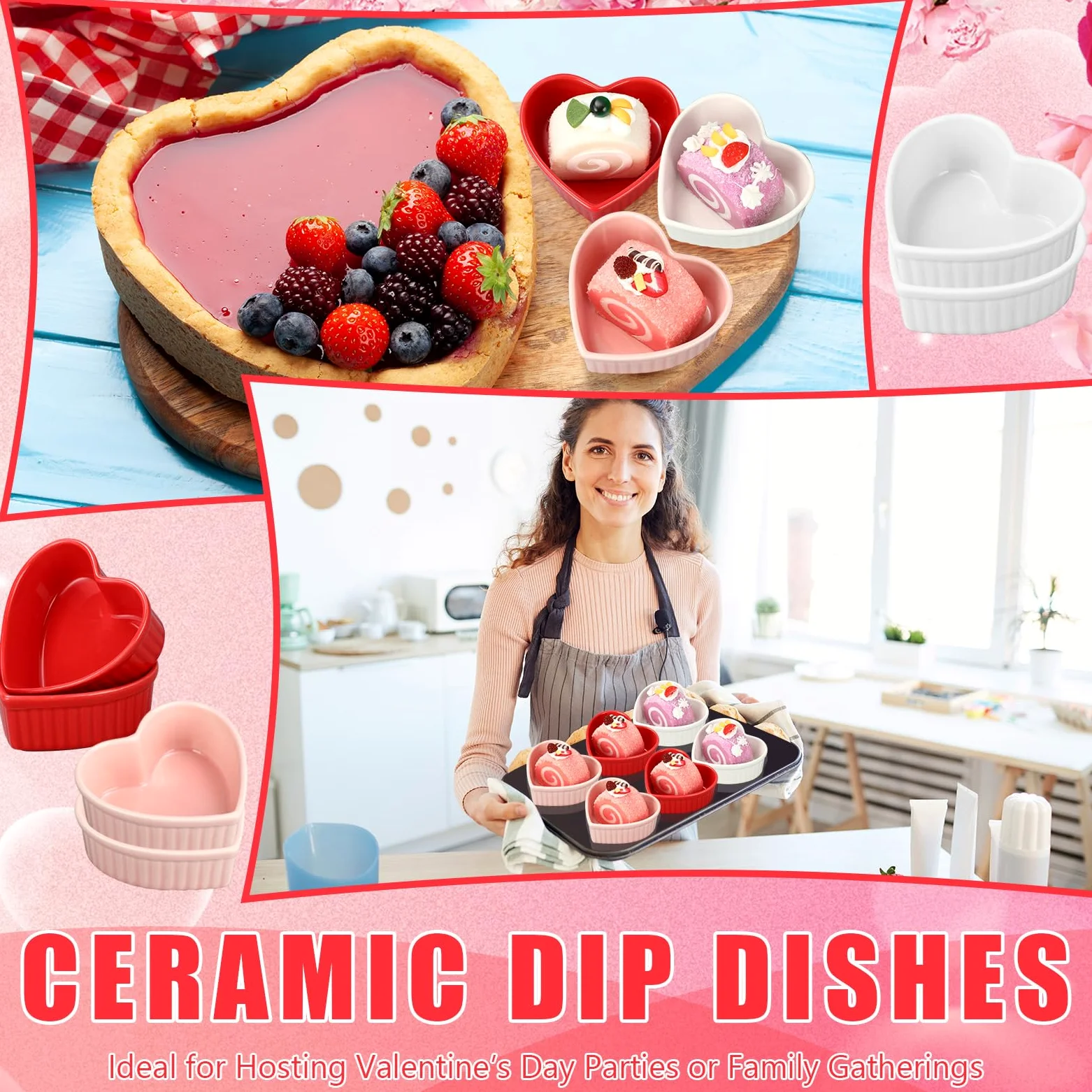Ramequines de cerámica con forma de corazón para el día de San Valentín, 6 onzas, aptos para horno, platos de crema brulee, cuencos pequeños para hornear, para cocina, fiesta, aperitivos, servir,