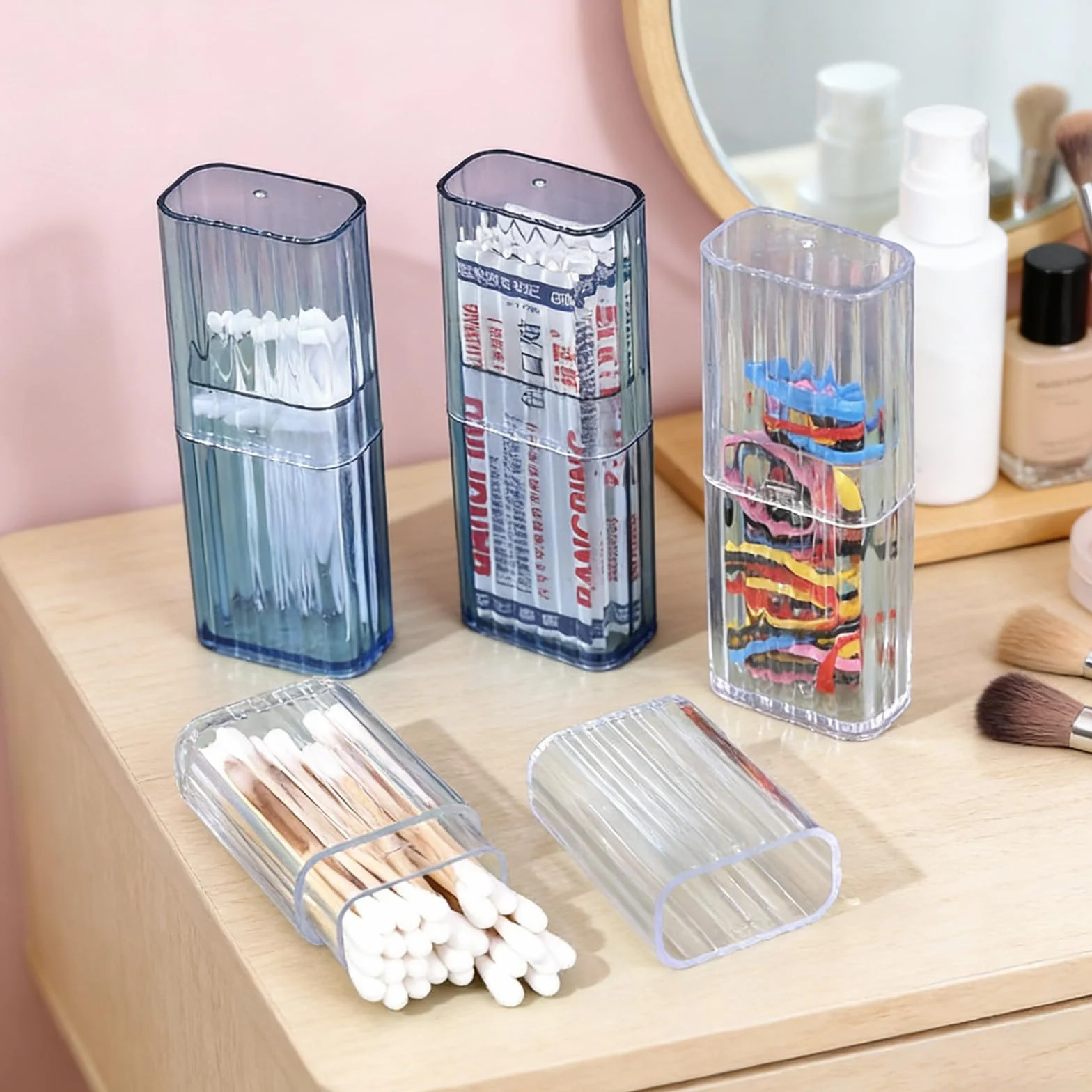 Vauki Contenedor de bastoncillos de algodón, 4 unidades, caja de almacenamiento portátil para bastoncillos de algodón y palillos de dientes, pequeño soporte para hisopos de algodón transparente para