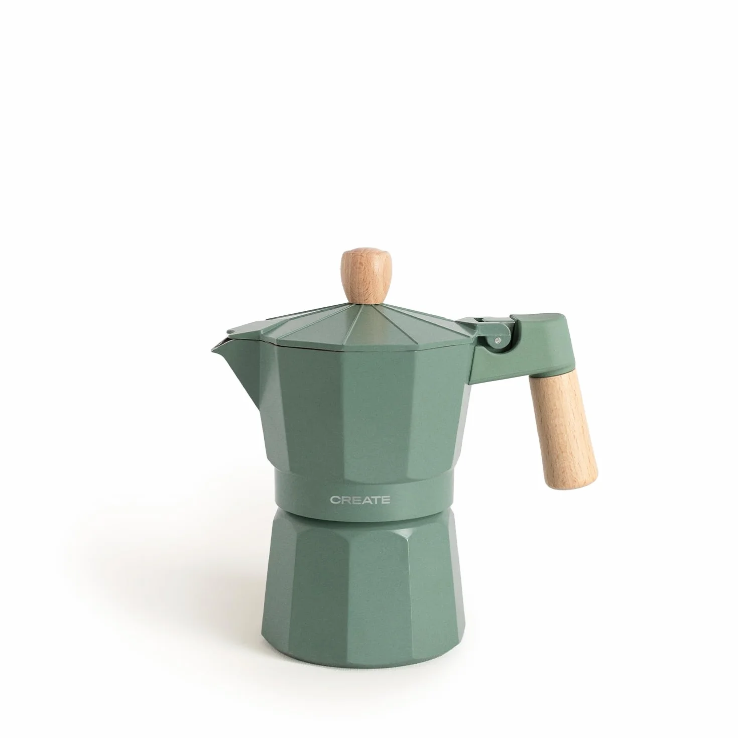 CREATE / THERA MOKA RETRO/Cafetera italiana sin adaptador para inducción verde sage/Capacidad de 6 tazas, aluminio, 350 ml, válvula de seguridad, apta para gas, cocina eléctrica o vitro