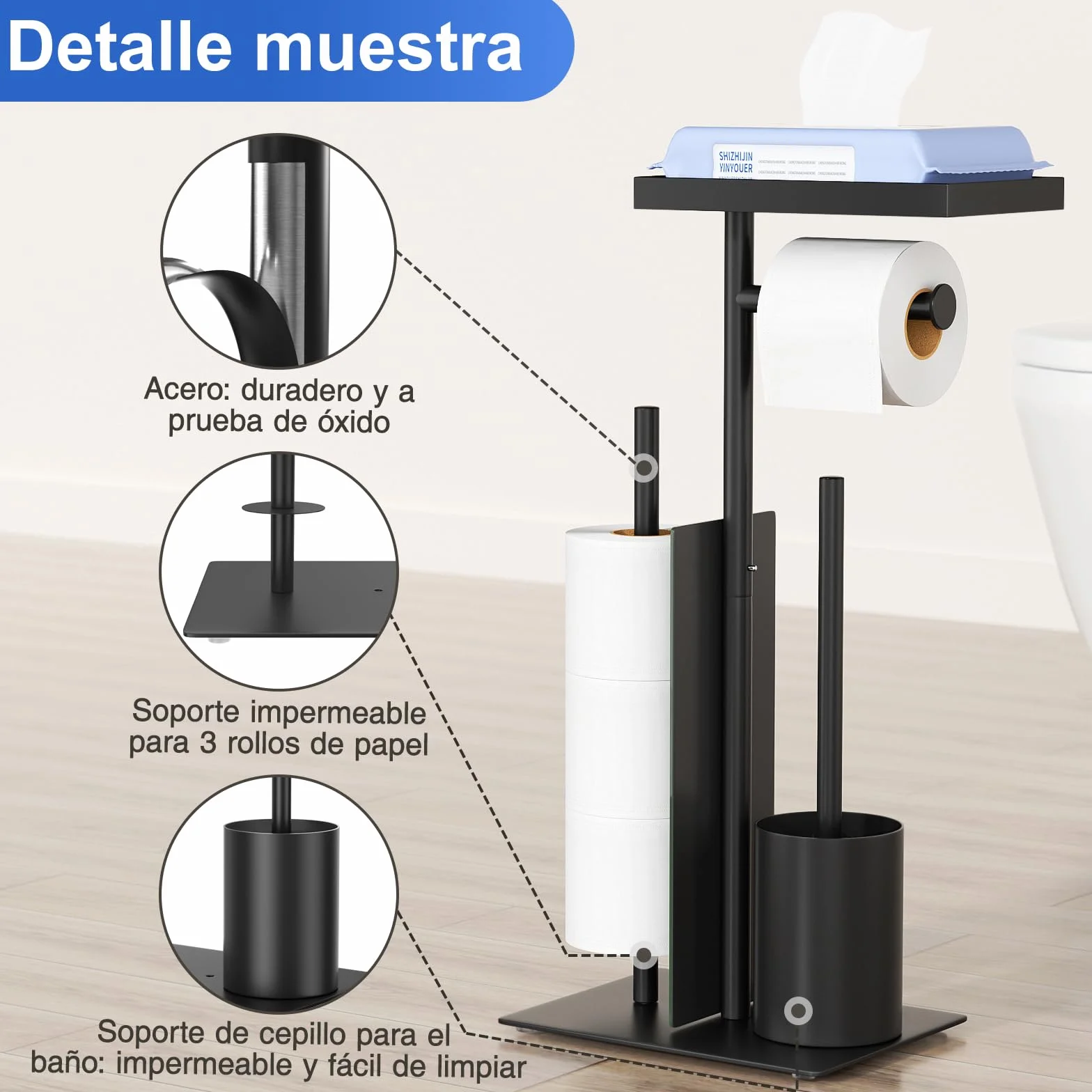 Portarrollos de papel higiénico de acero inoxidable de pie con escobilla y soporte para toallitas húmedas, inodoro