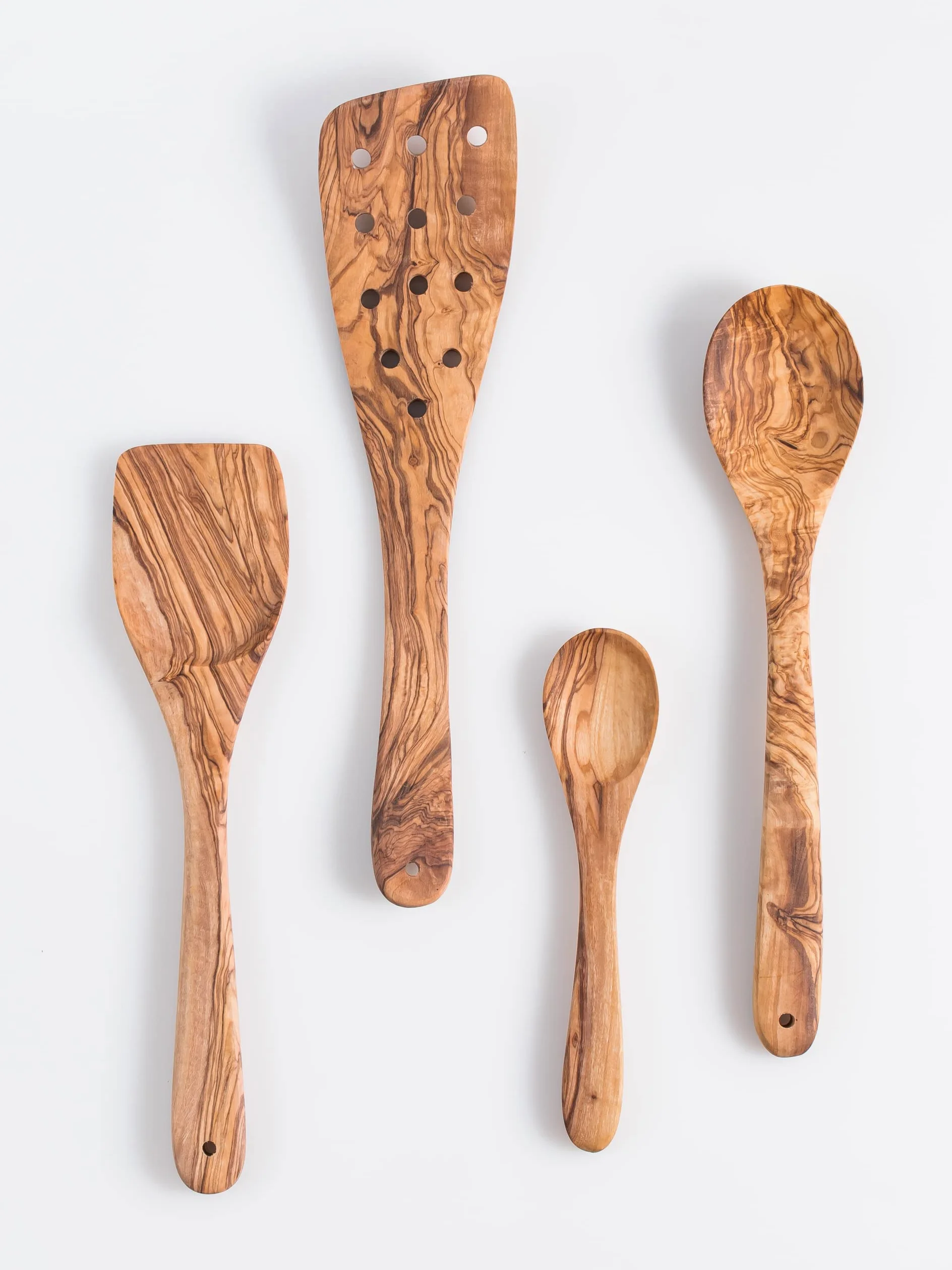 Set de 3 cucharas de cocina de madera de olivo Darido con cuchara extra pequeña - 30 cm - hecho a mano - resistente al calor - Utensilios - cuchara, espátula, espátula ranurada y cuchara pequeña