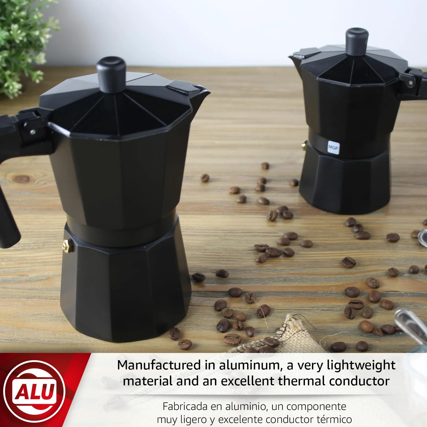 Magefesa Kenia Noir - Placa moka espresso, 3 tazas, 142 g, cafetera italiana, para café cubano, aluminio extra grueso, mango resistente al calor, segura y fácil de usar, Greca