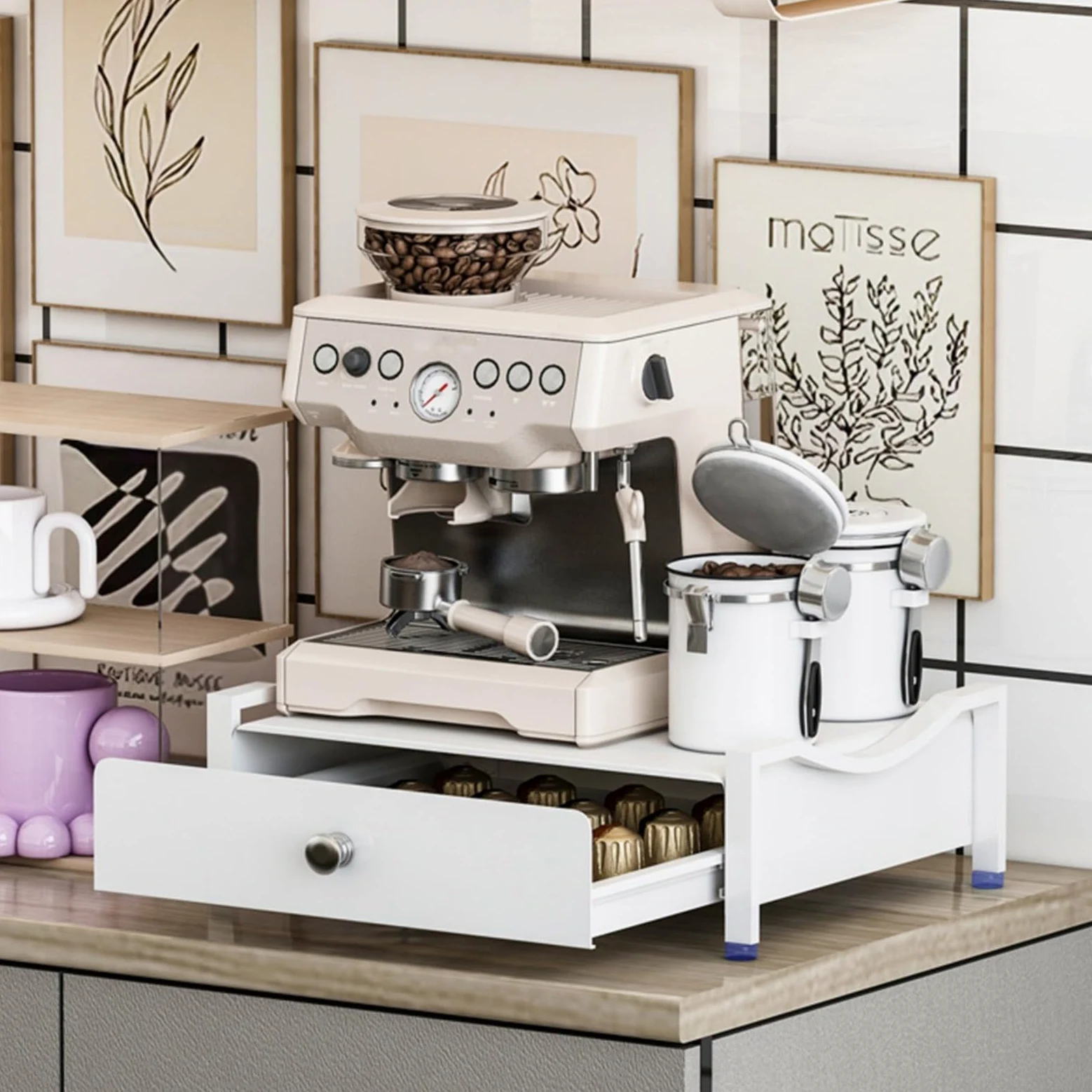 Soporte resistente para máquina de café de acero al carbono con cajón deslizante para almacenamiento de cápsulas y accesorios, organizador de cocina (S)