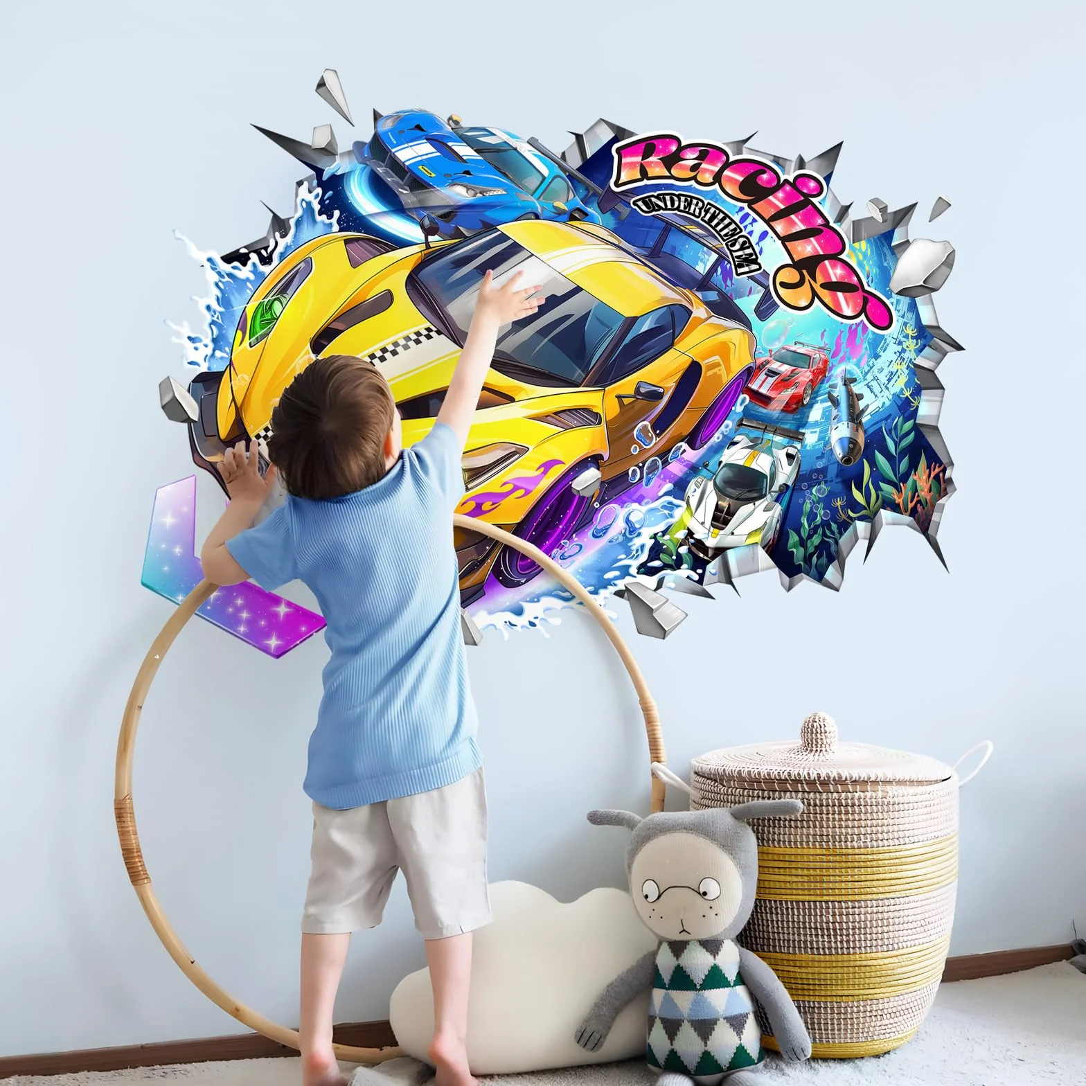 Tanlaby Pegatinas de Pared 3D Coches de Carreras Túnel Submarino Vinilos Decorativos Amarillo