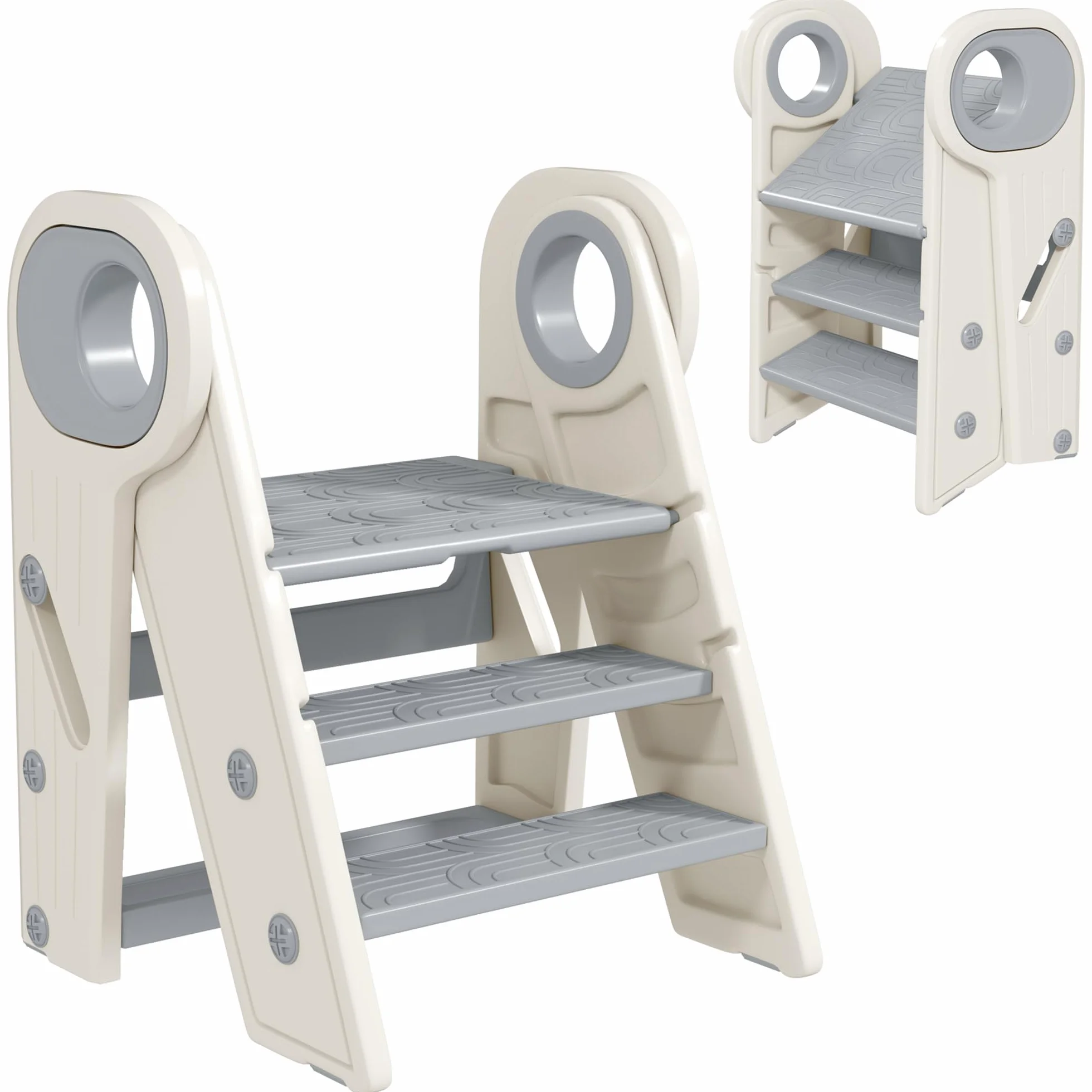 AIYAPLAY Taburete Plegable Torre de Aprendizaje Ajustable para Niños 18-60 Meses Antideslizante Gris y Blanco