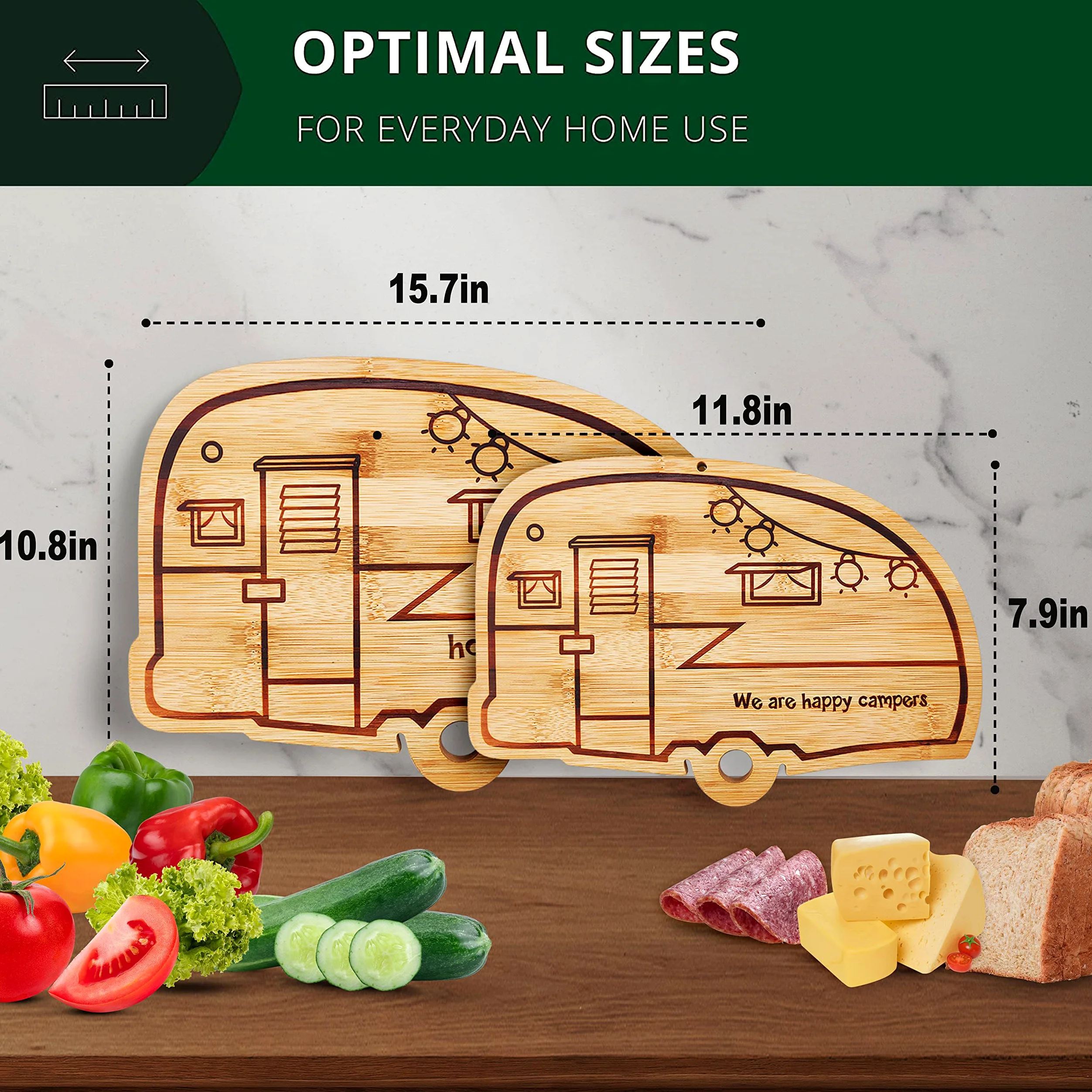 Juego de tablas de cortar de bambú para caravana, accesorios de cocina, 2 piezas, juego de tablas de cortar de madera RV con ranuras para jugo, agujero para colgar, para carne, verduras y queso,