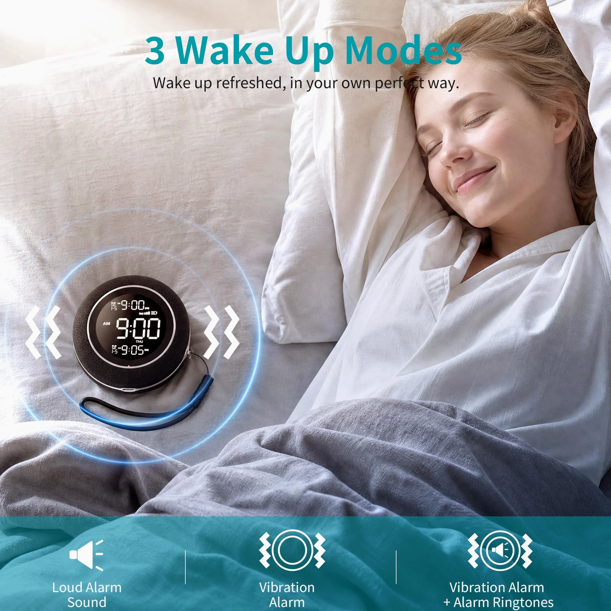 Reloj Despertador con Vibración, Reloj Digital Inalámbrico Recargable 1200mAh con 3 Niveles Vibración, 20 Sonidos, Alarma Doble, 12/24H y DST, Portátil para Viajes