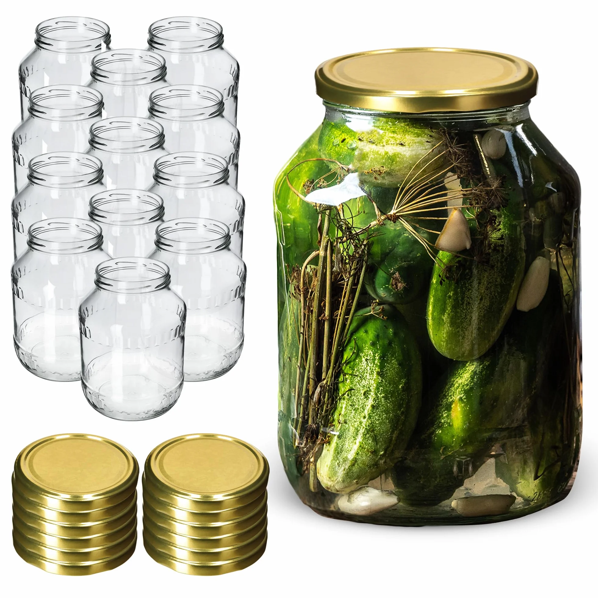 KADAX Tarros de cristal de 2,5 L, para conservas, fi100 mm, tarros de conserva, tarros de pepino, tarros redondos, tarros de conservas (12 unidades, tapas doradas)