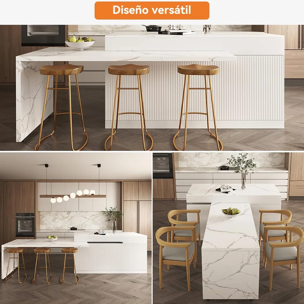 Homary Isla de Cocina Extensible con Almacenamiento múltiple para Cocina y Comedor, hacia la Derecha 205-268cm x 90cm (Blanco Mate y Blanco: Madera de ingeniería, Izquierda: 205-268cm)