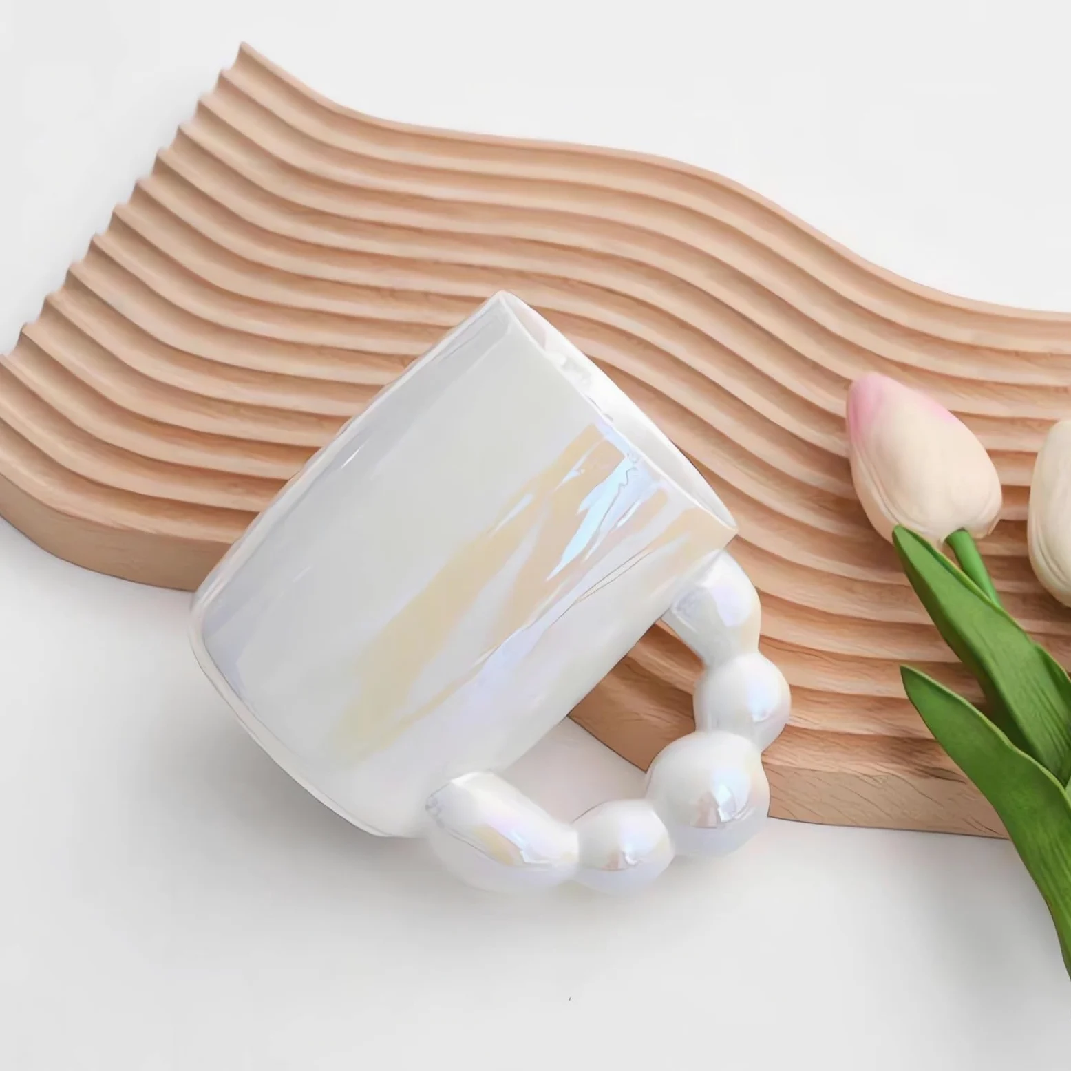 Taza Tazas Blancas Perla, Tazas de café de cerámica de Estilo Coreano, Taza de café con asa de Burbuja for Desayuno, Leche, Zumo, Taza de té, Apta for microondas Taza de café(Pink)