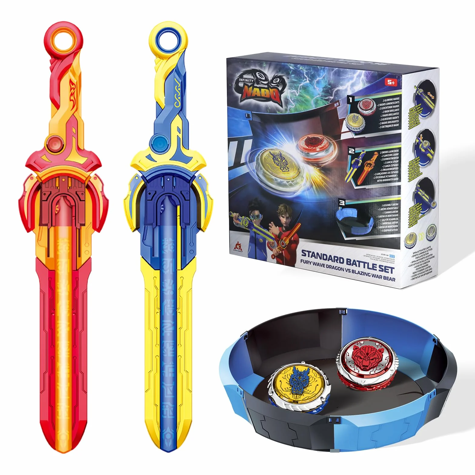 INFINITY NADO peonza Battle Arena Set 2PCS, Juguetes para niños con Mini Lanzador de Espadas, Fury Wave Dragon & Blazing War Bear