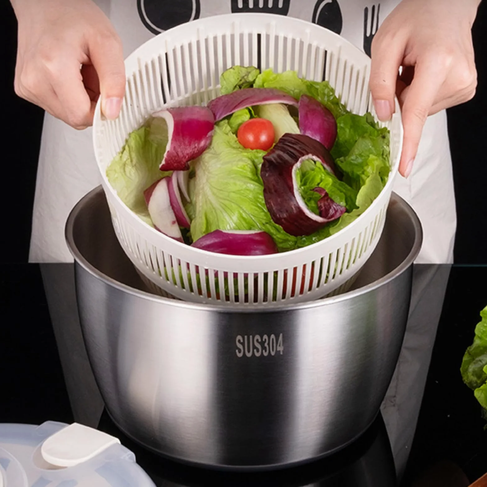 de lechuga y centrifugadora – Ensalada Spinner lechuga, secadora de frutas | verduras con mango giratorio, de ensalada de acero inoxidable, utensilios de cocina