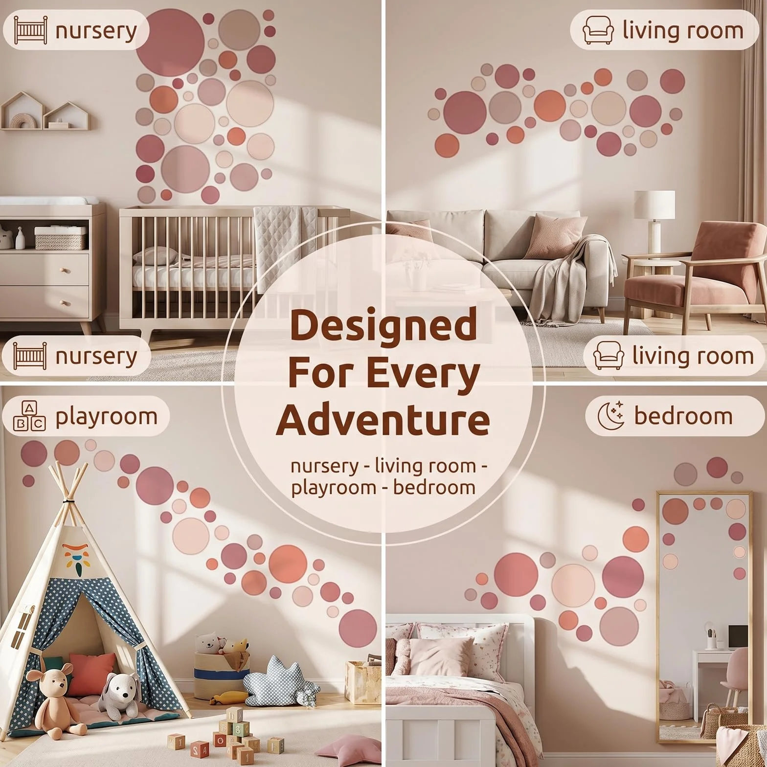 140 Piezas Set Círculos Calcomanías de Pared, Puntos Adhesivos para Decoración de Pared para Niños, Rosa