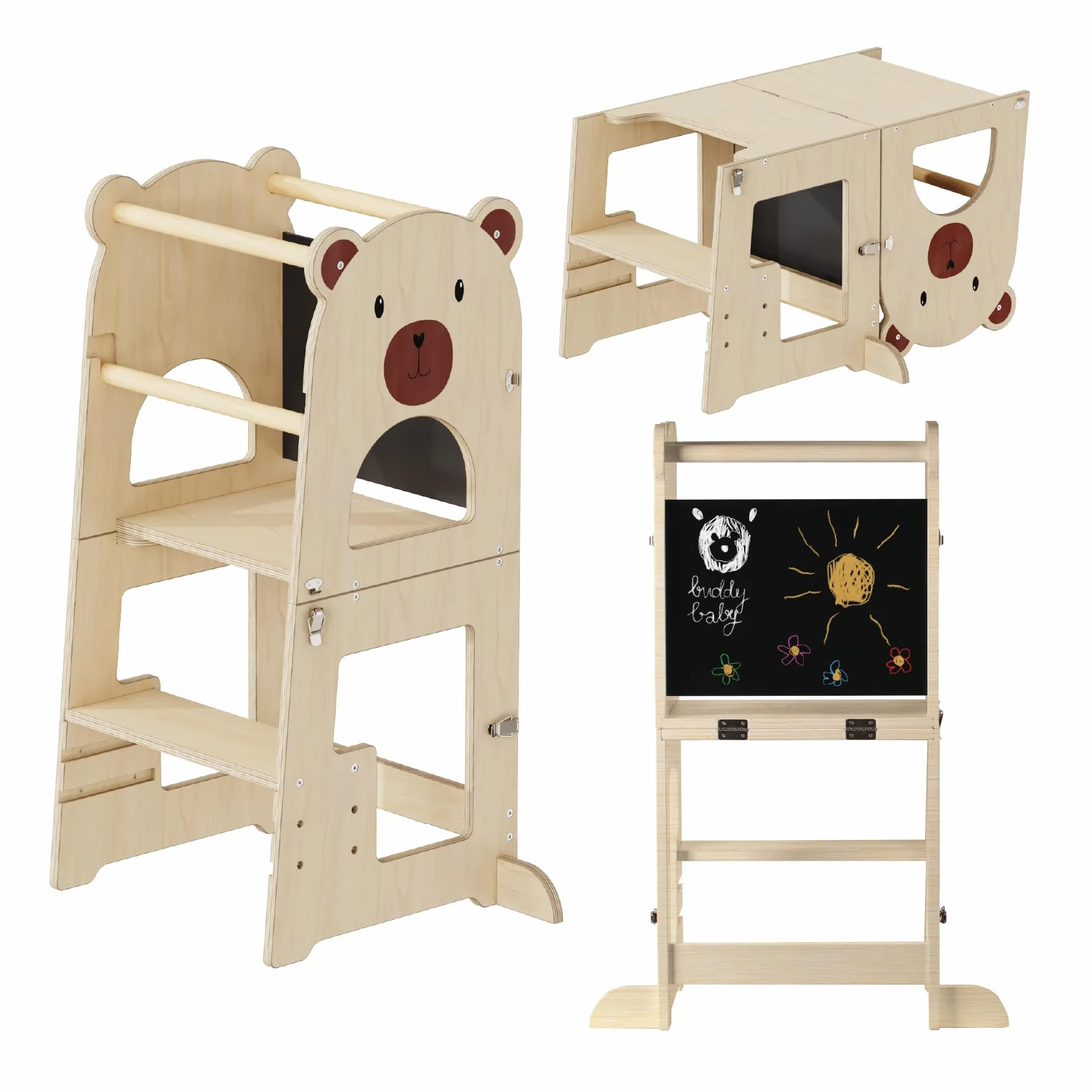 Buddy Baby Xperimenta Torre de Aprendizaje Madera Maciza Montessori Convertible Escritorio Infantil Taburete Cocina Plegable Barra Seguridad