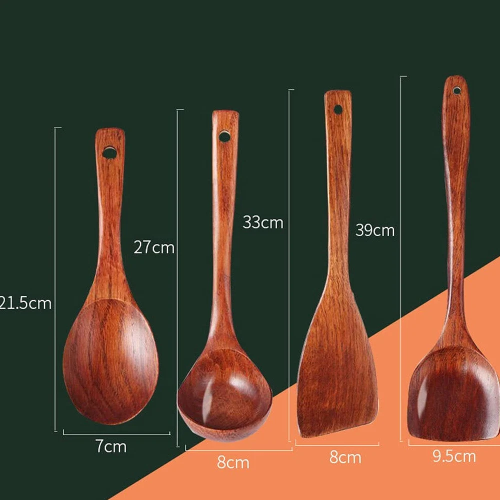 Juego de cucharas de cocina de madera, tenedores y cucharas de ensalada de mango largo, herramientas de cocina antiadherentes para cocinar y servir, usos ecológicos para chefs caseros