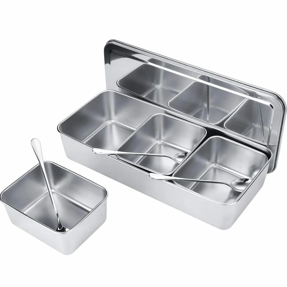SIXRUN Caja de especias de acero inoxidable, juego de vidrio, tapa de cuchara, 3 rejillas para el hogar, contenedor de especias, cocina, restaurante